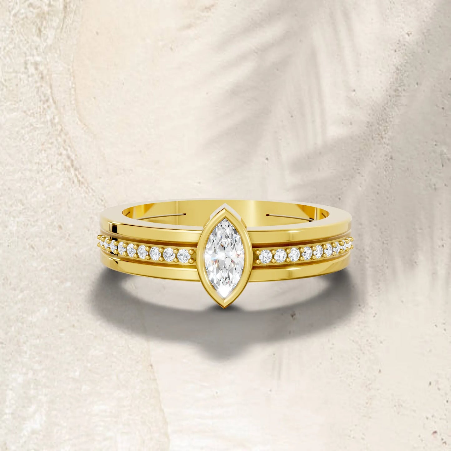 14K Gold Marquise Cut Diamond Double Band Bezel Engagement Ring with Accents