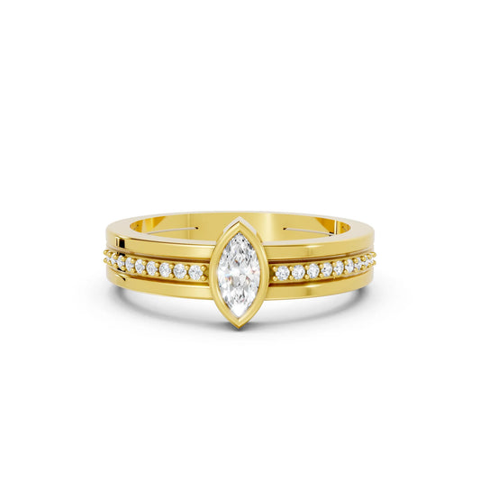 14K Gold Marquise Cut Diamond Double Band Bezel Engagement Ring with Accents