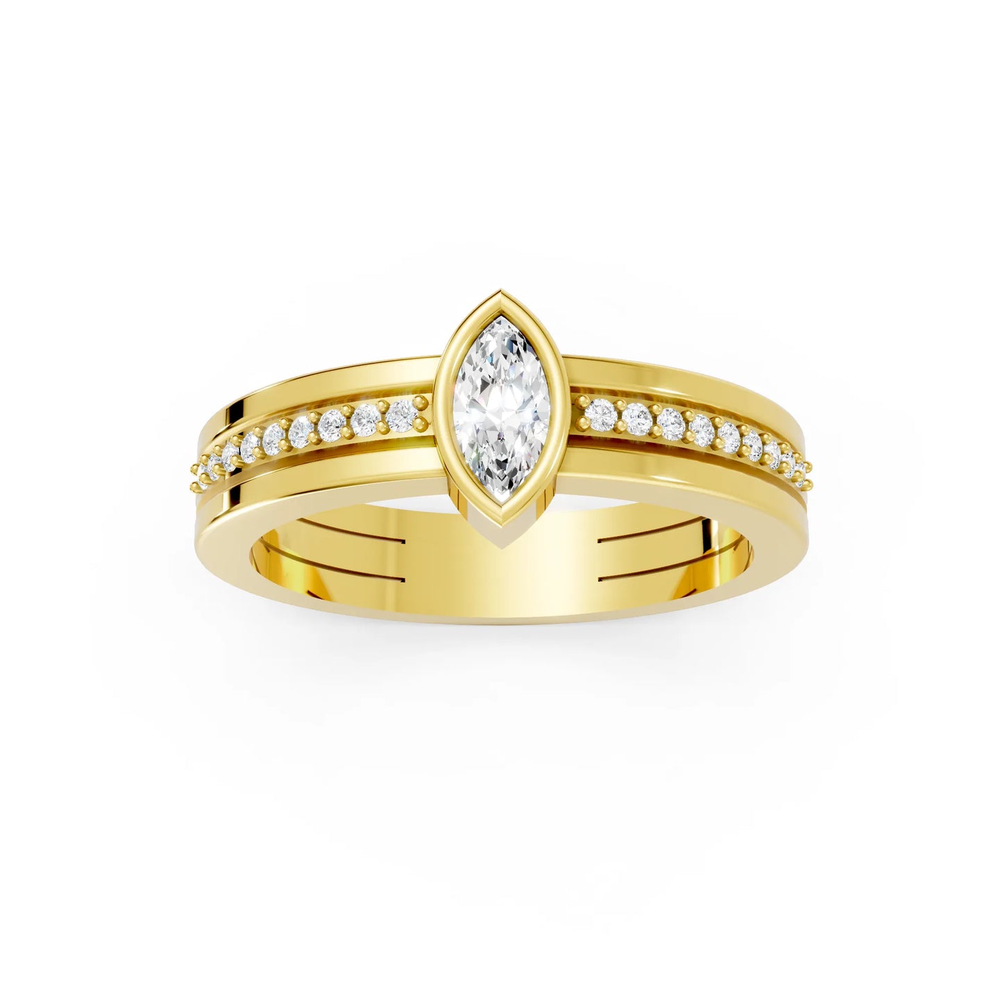 14K Gold Marquise Cut Diamond Double Band Bezel Engagement Ring with Accents