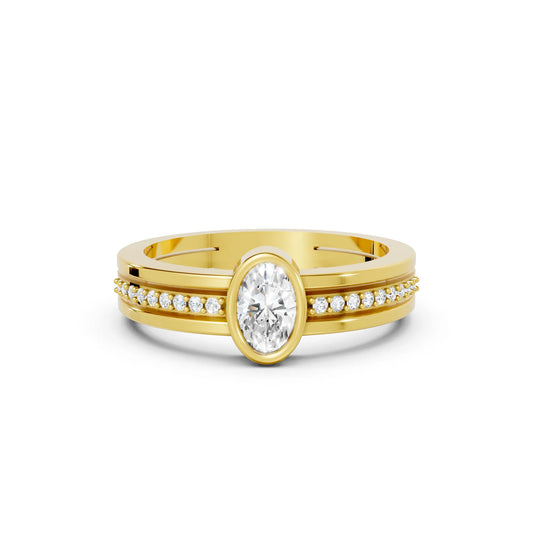 14K Gold Oval Cut Diamond Double Band Bezel Engagement Ring with Accents