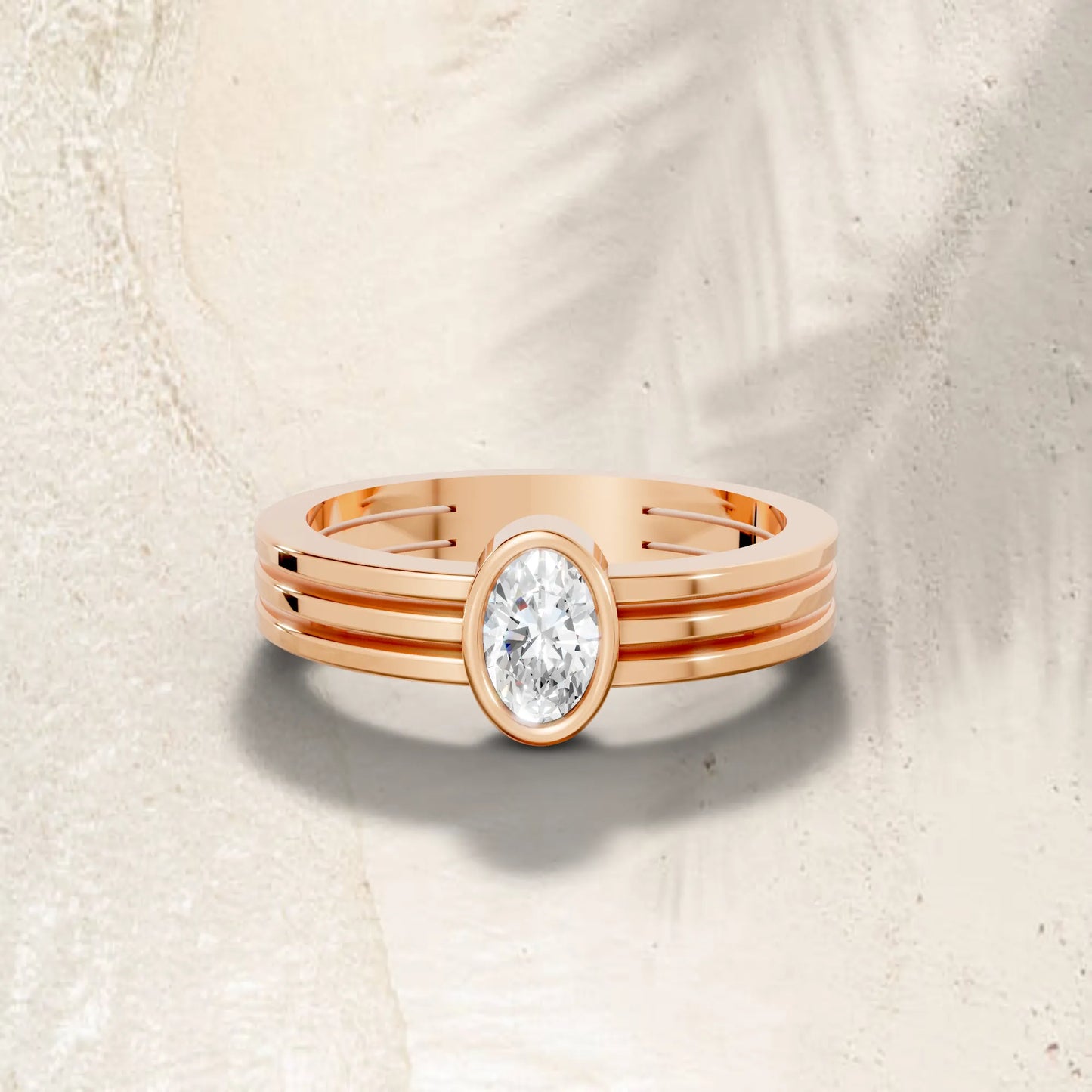 14K Gold Oval Cut Diamond Double Band Bezel Engagement Ring