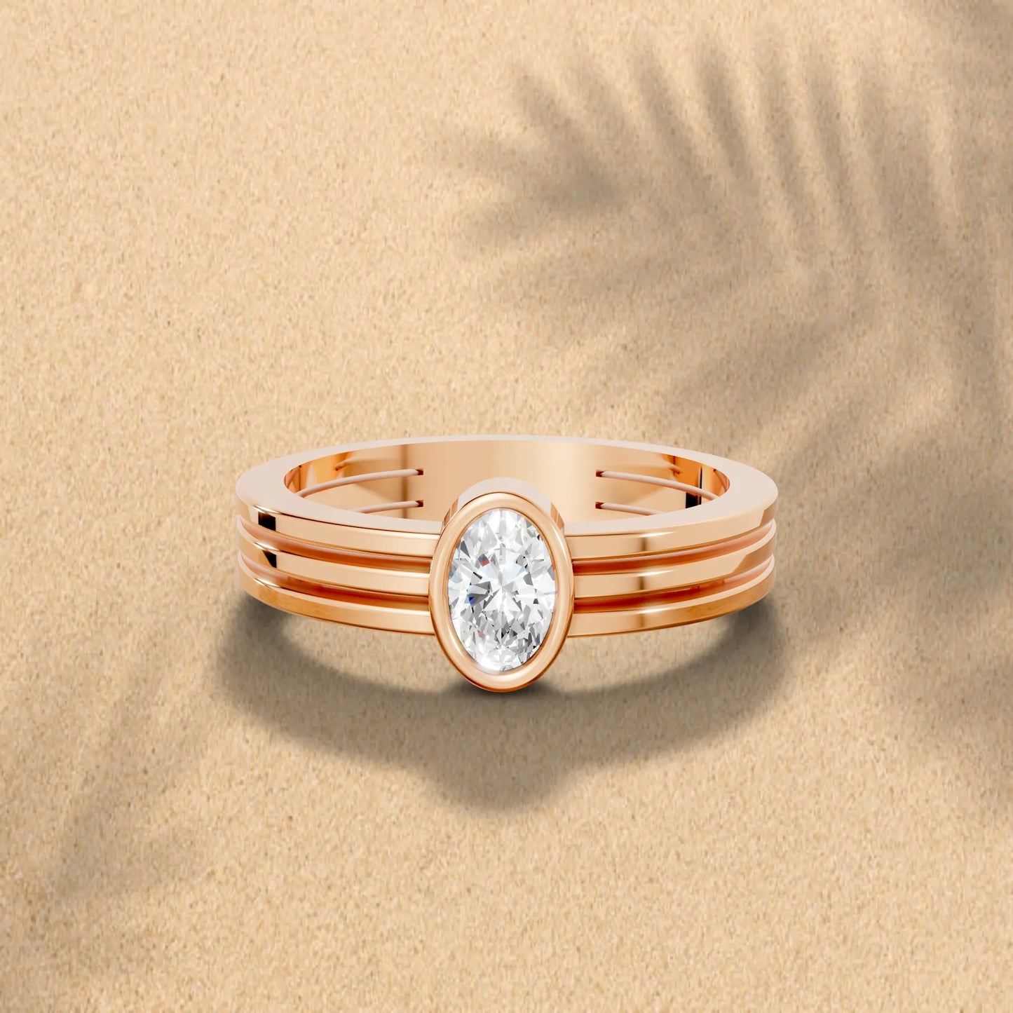 14K Gold Oval Cut Diamond Double Band Bezel Engagement Ring