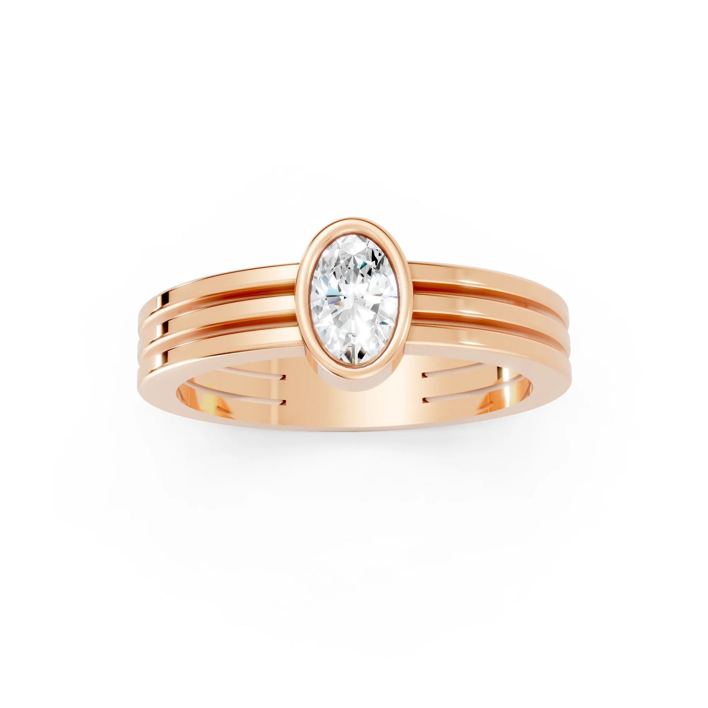 14K Gold Oval Cut Diamond Double Band Bezel Engagement Ring
