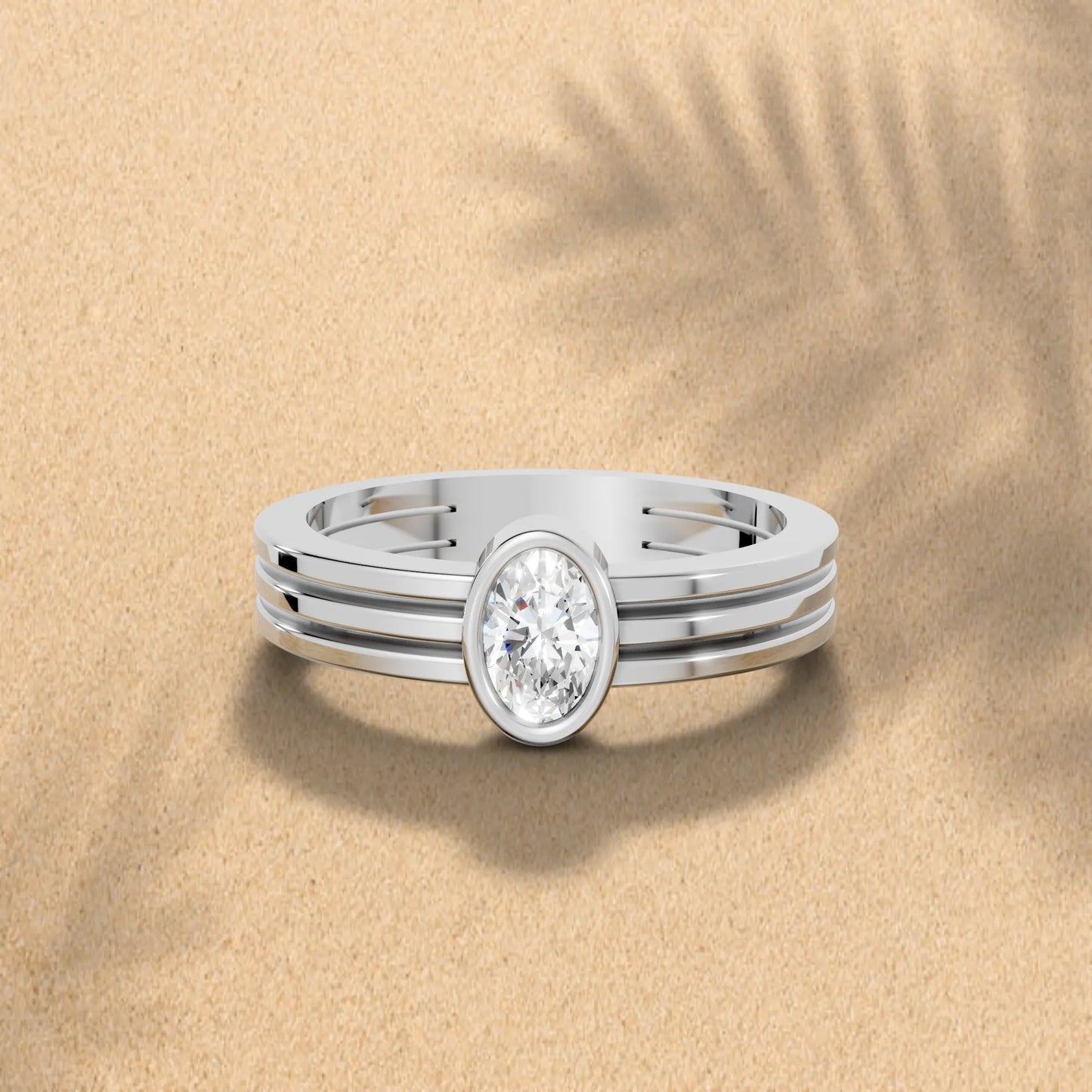 14K Gold Oval Cut Diamond Double Band Bezel Engagement Ring