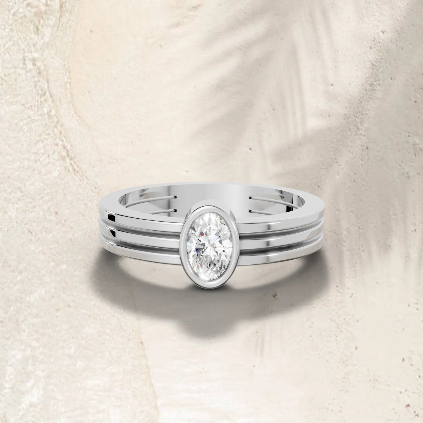 14K Gold Oval Cut Diamond Double Band Bezel Engagement Ring