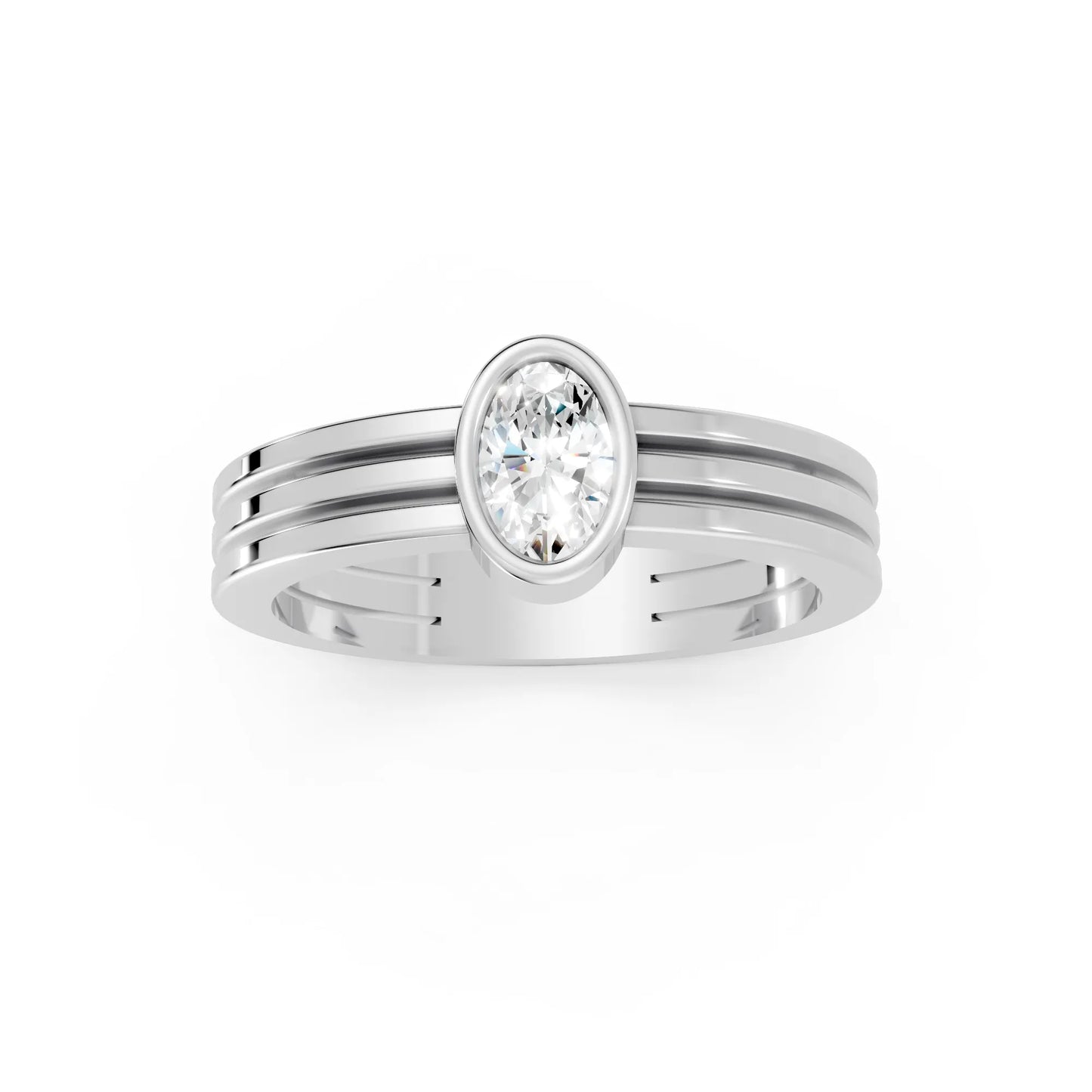 14K Gold Oval Cut Diamond Double Band Bezel Engagement Ring