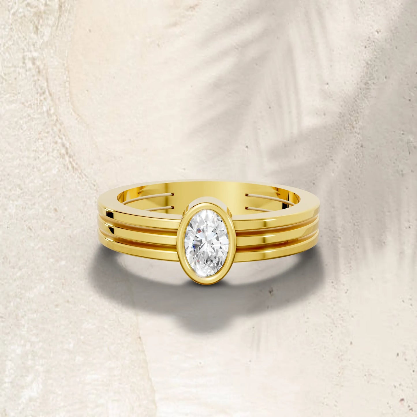 14K Gold Oval Cut Diamond Double Band Bezel Engagement Ring