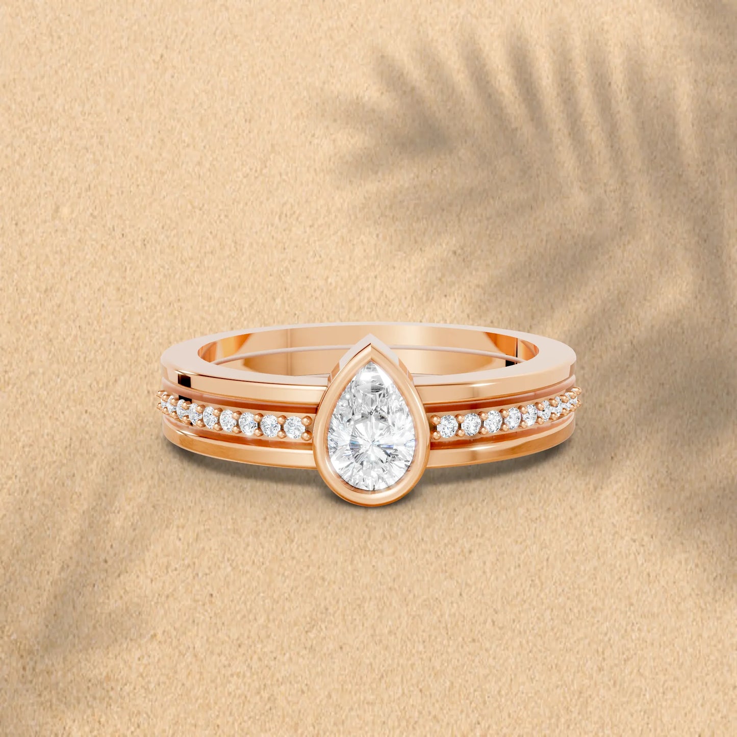 14K Gold Pear Cut Diamond Double Band Bezel Engagement Ring with Accents
