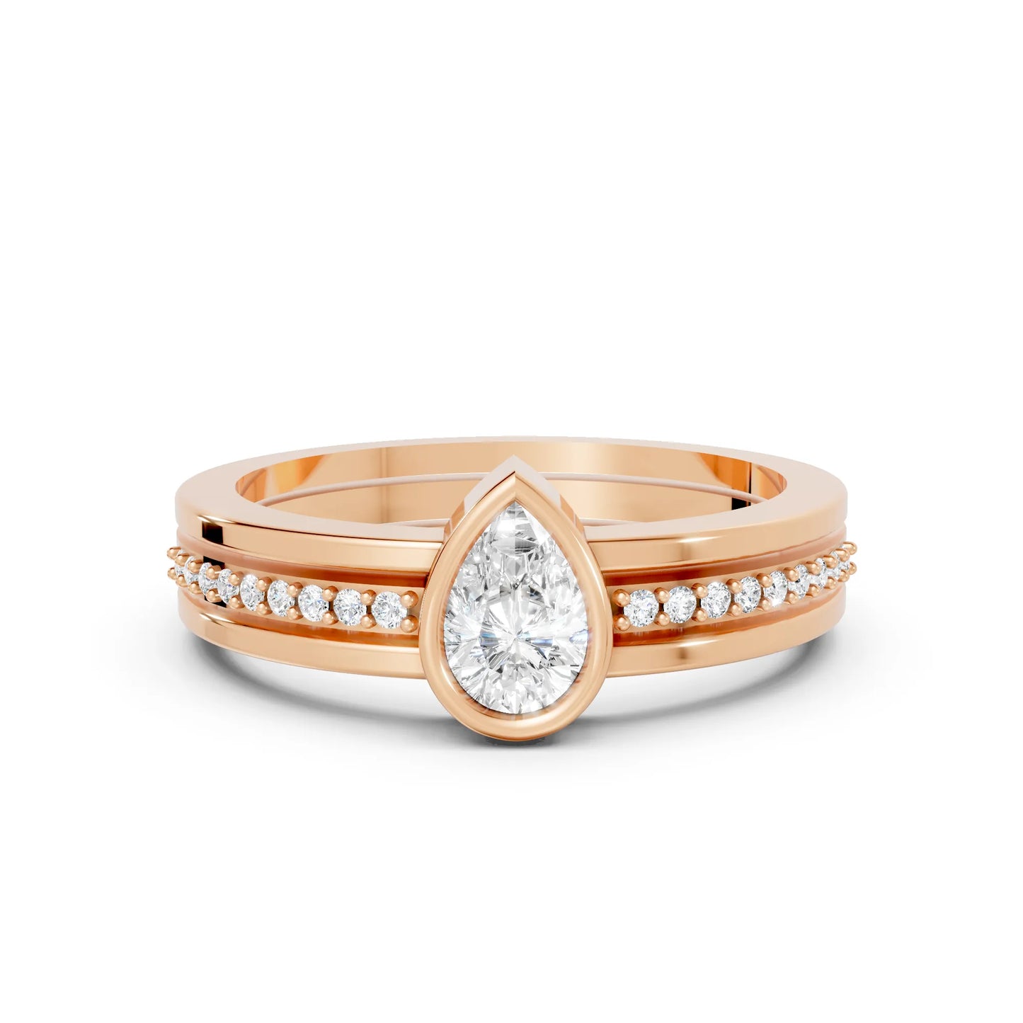 14K Gold Pear Cut Diamond Double Band Bezel Engagement Ring with Accents