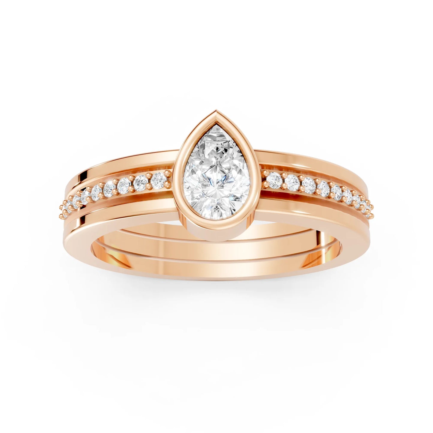 14K Gold Pear Cut Diamond Double Band Bezel Engagement Ring with Accents