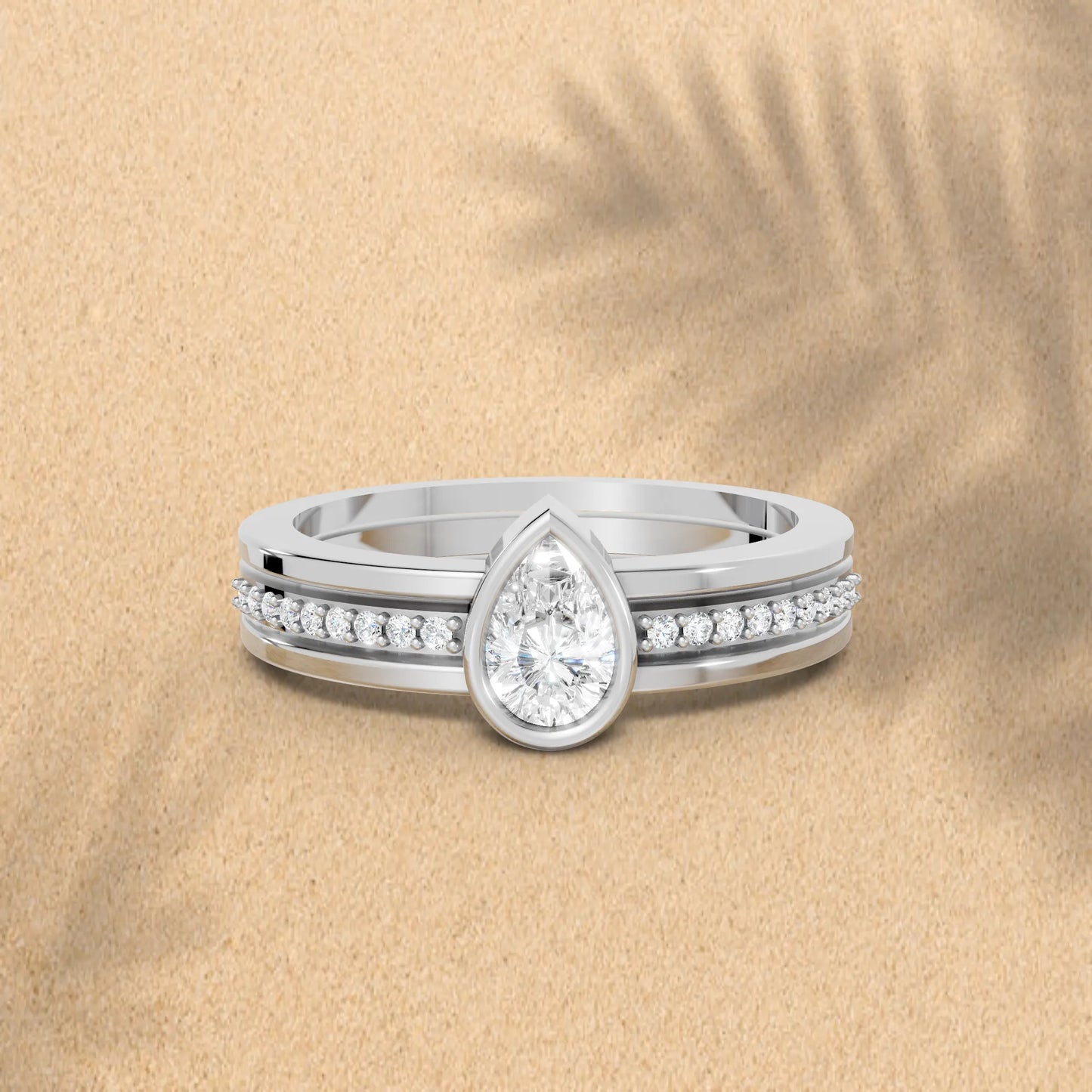 14K Gold Pear Cut Diamond Double Band Bezel Engagement Ring with Accents