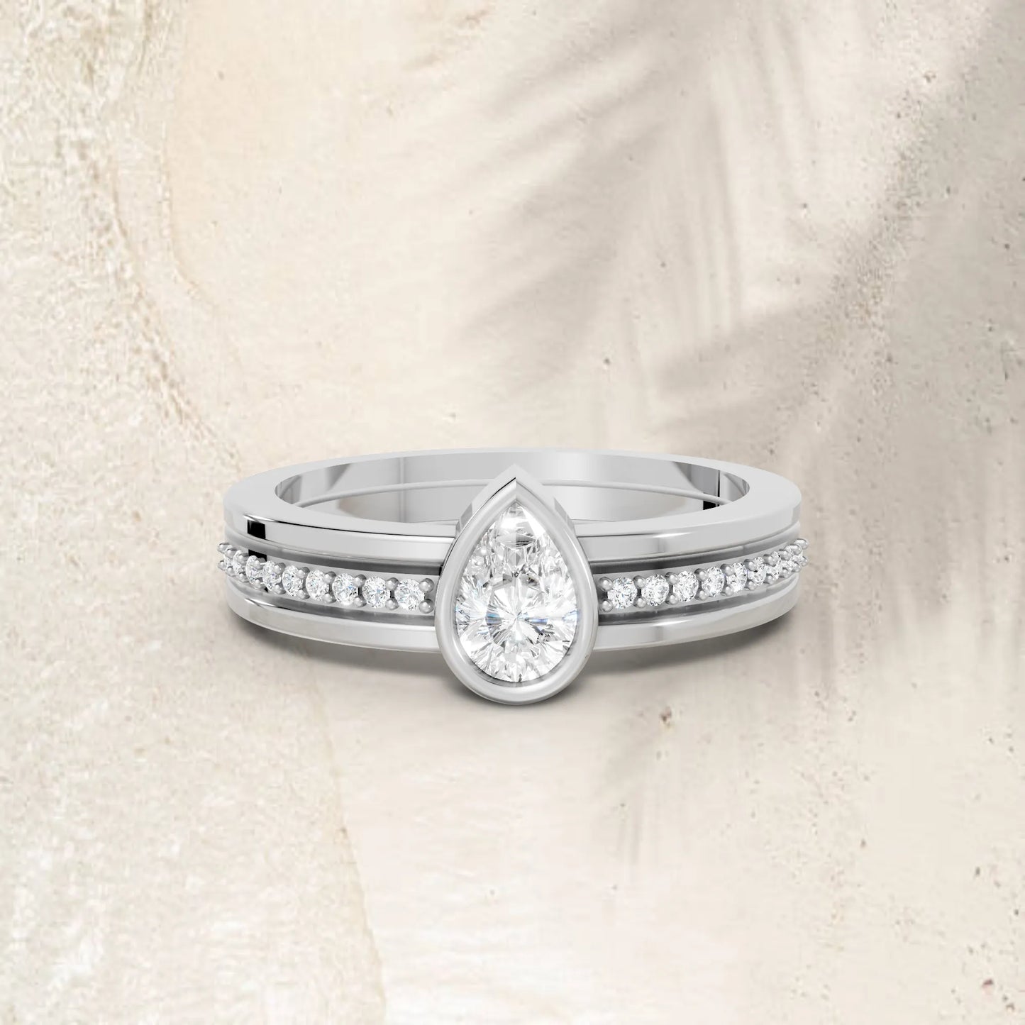14K Gold Pear Cut Diamond Double Band Bezel Engagement Ring with Accents