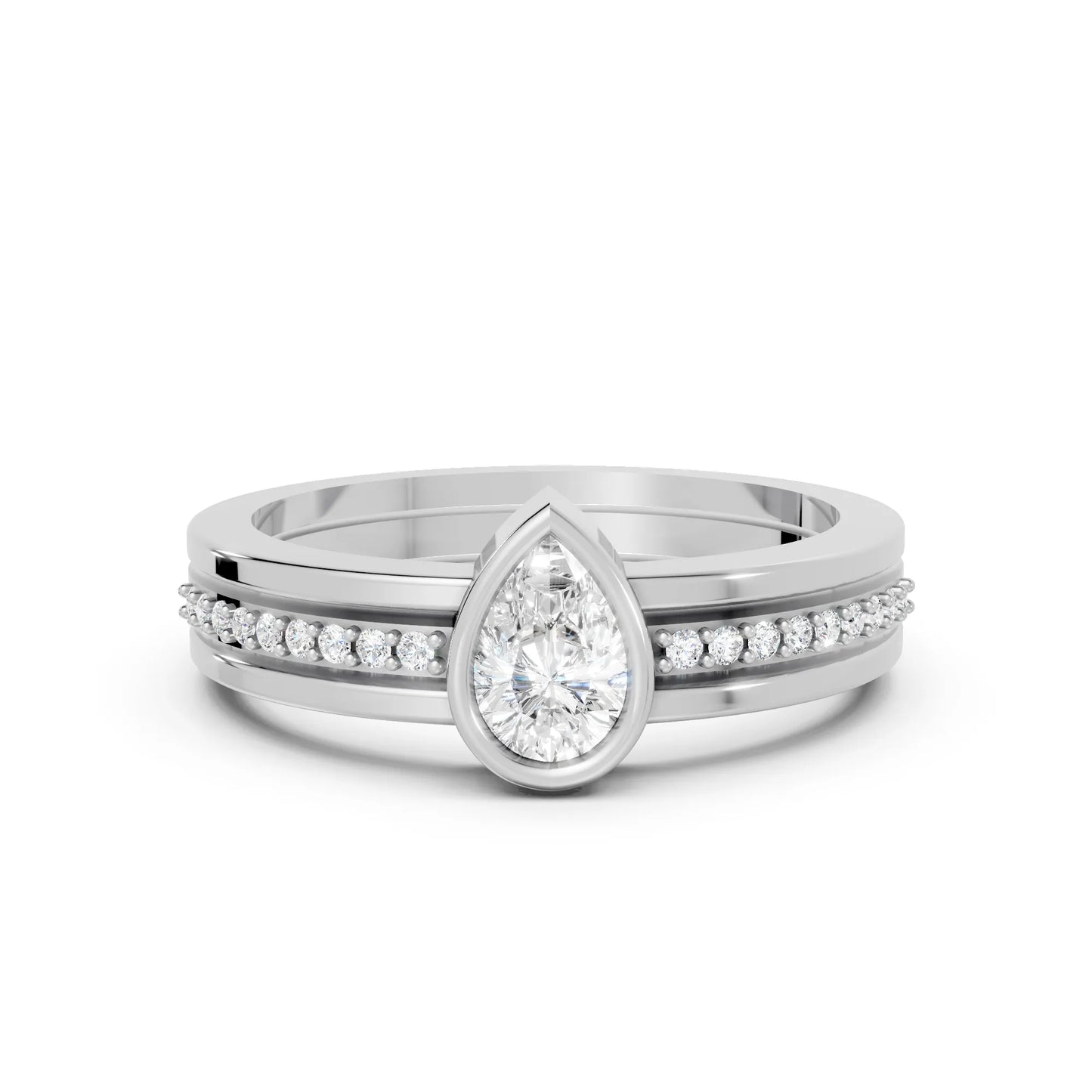 14K Gold Pear Cut Diamond Double Band Bezel Engagement Ring with Accents