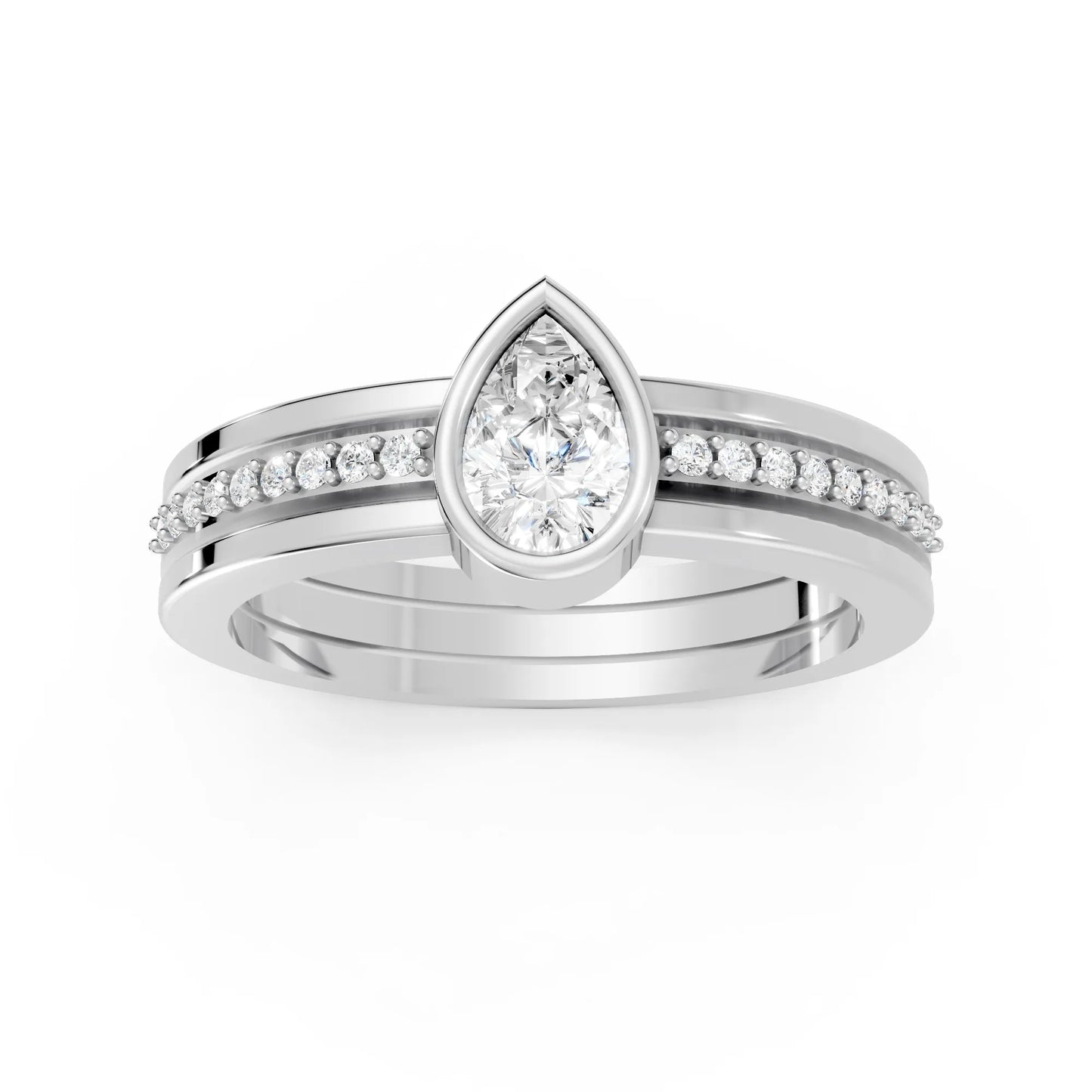 14K Gold Pear Cut Diamond Double Band Bezel Engagement Ring with Accents