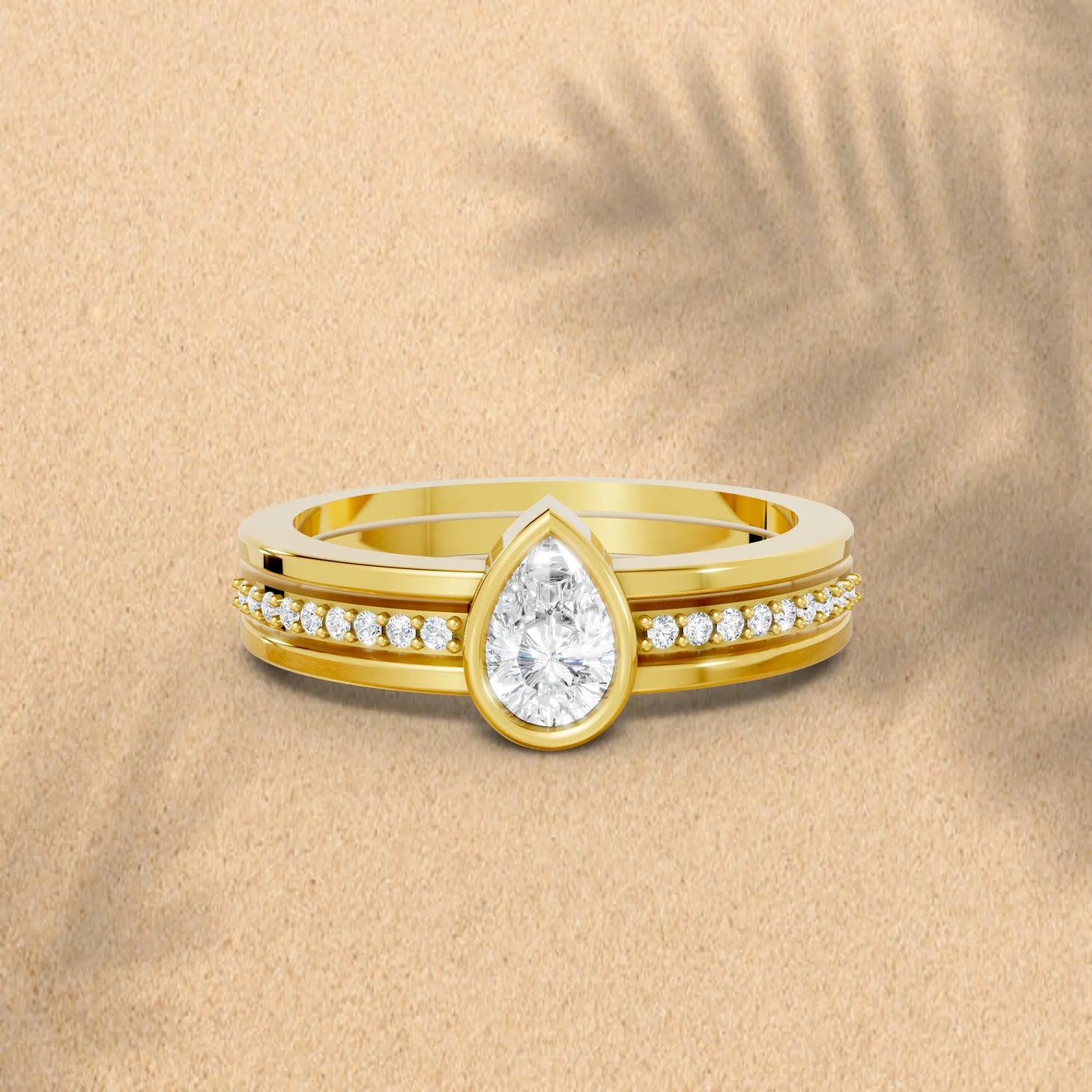 14K Gold Pear Cut Diamond Double Band Bezel Engagement Ring with Accents