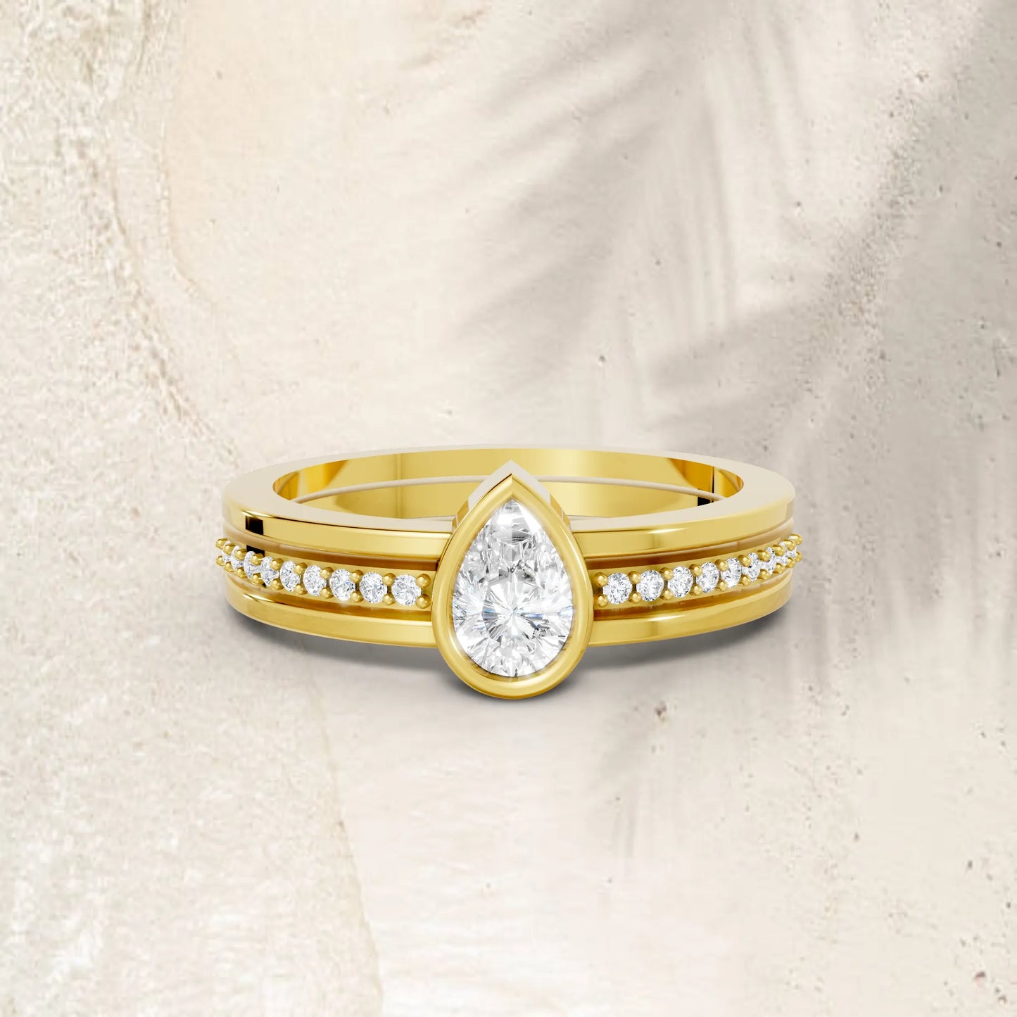 14K Gold Pear Cut Diamond Double Band Bezel Engagement Ring with Accents