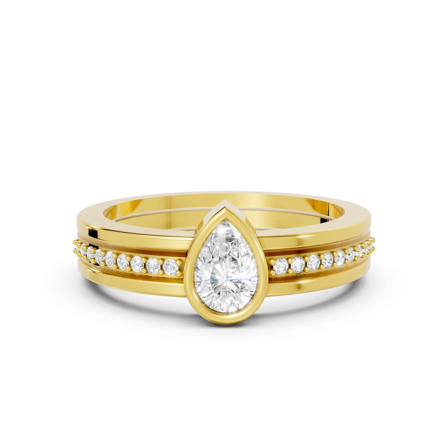 14K Gold Pear Cut Diamond Double Band Bezel Engagement Ring with Accents