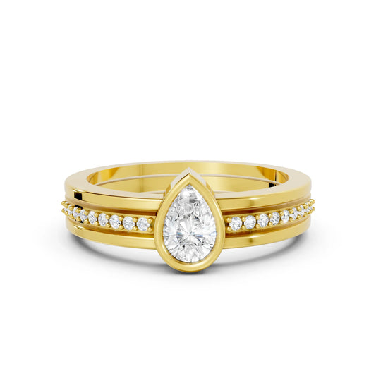 14K Gold Pear Cut Diamond Double Band Bezel Engagement Ring with Accents