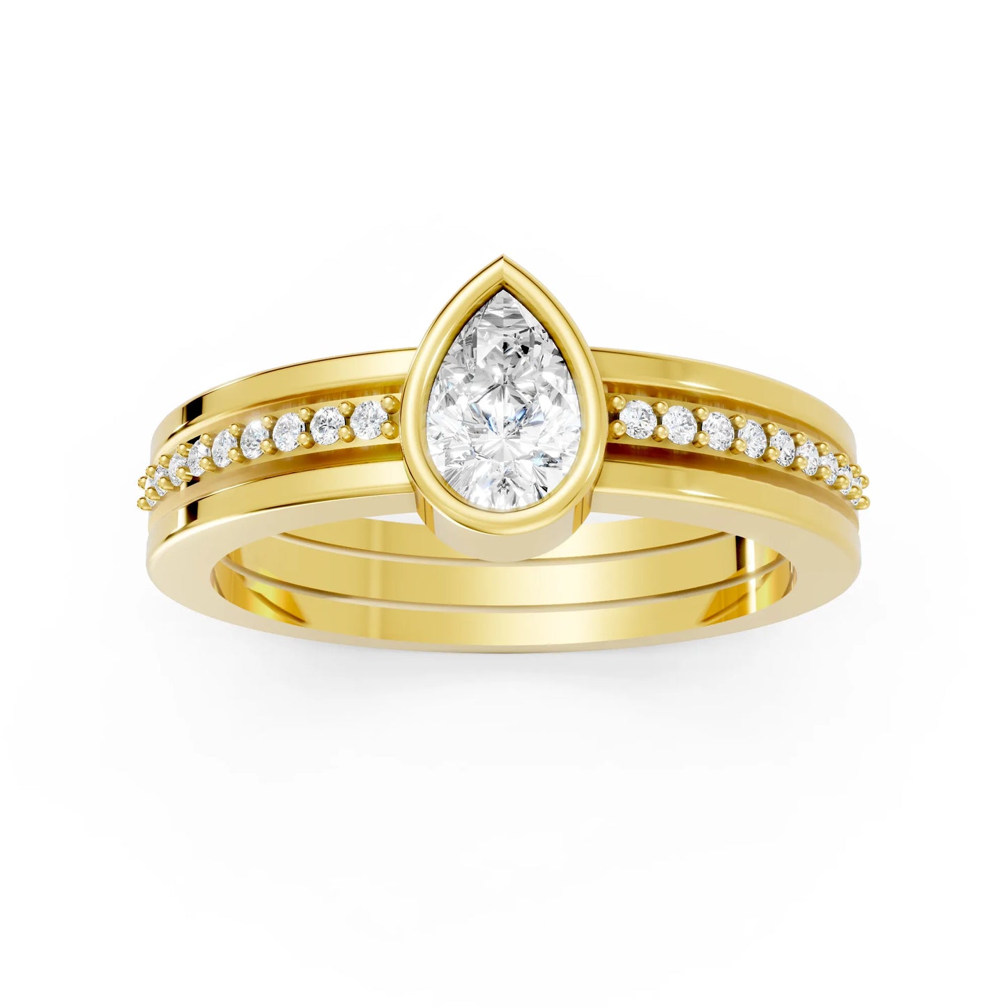 14K Gold Pear Cut Diamond Double Band Bezel Engagement Ring with Accents
