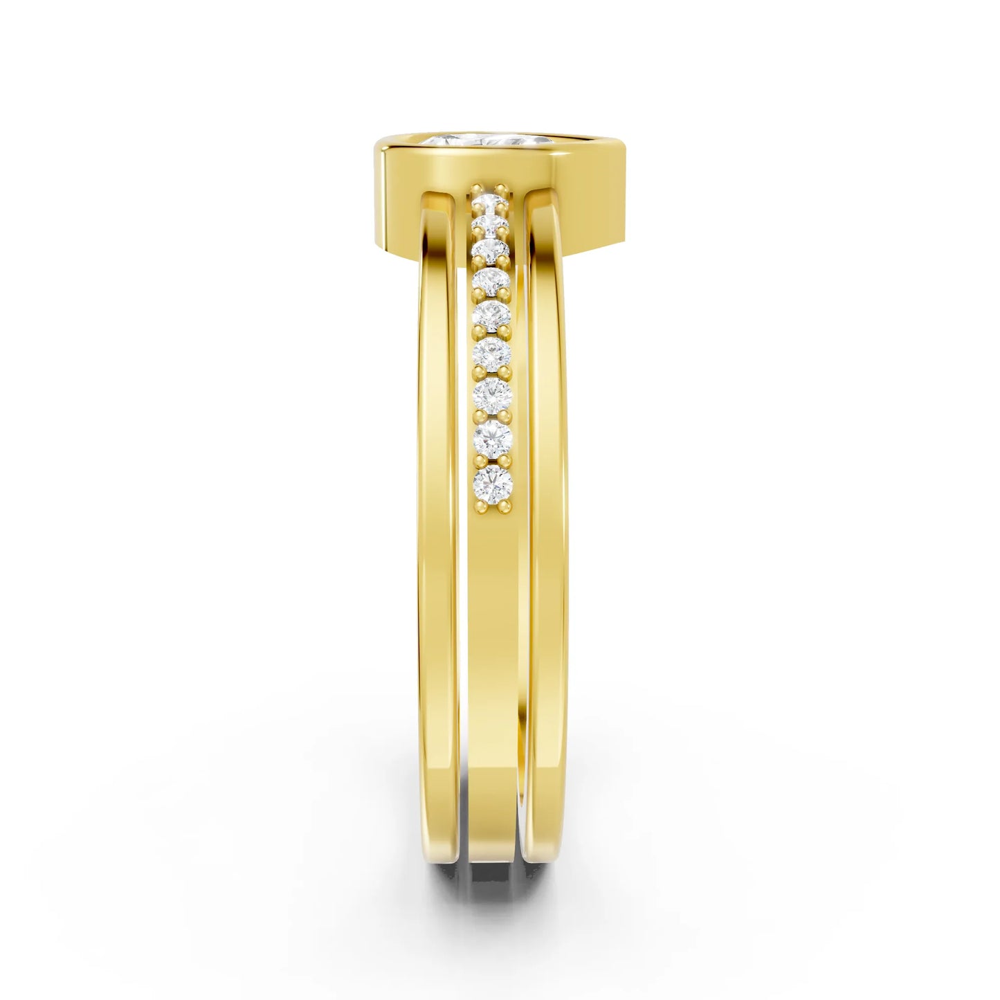 14K Gold Pear Cut Diamond Double Band Bezel Engagement Ring with Accents