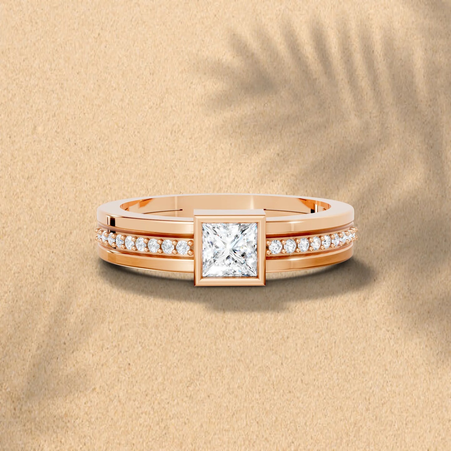 14K Gold Princess Cut Diamond Double Band Bezel Engagement Ring with Accents