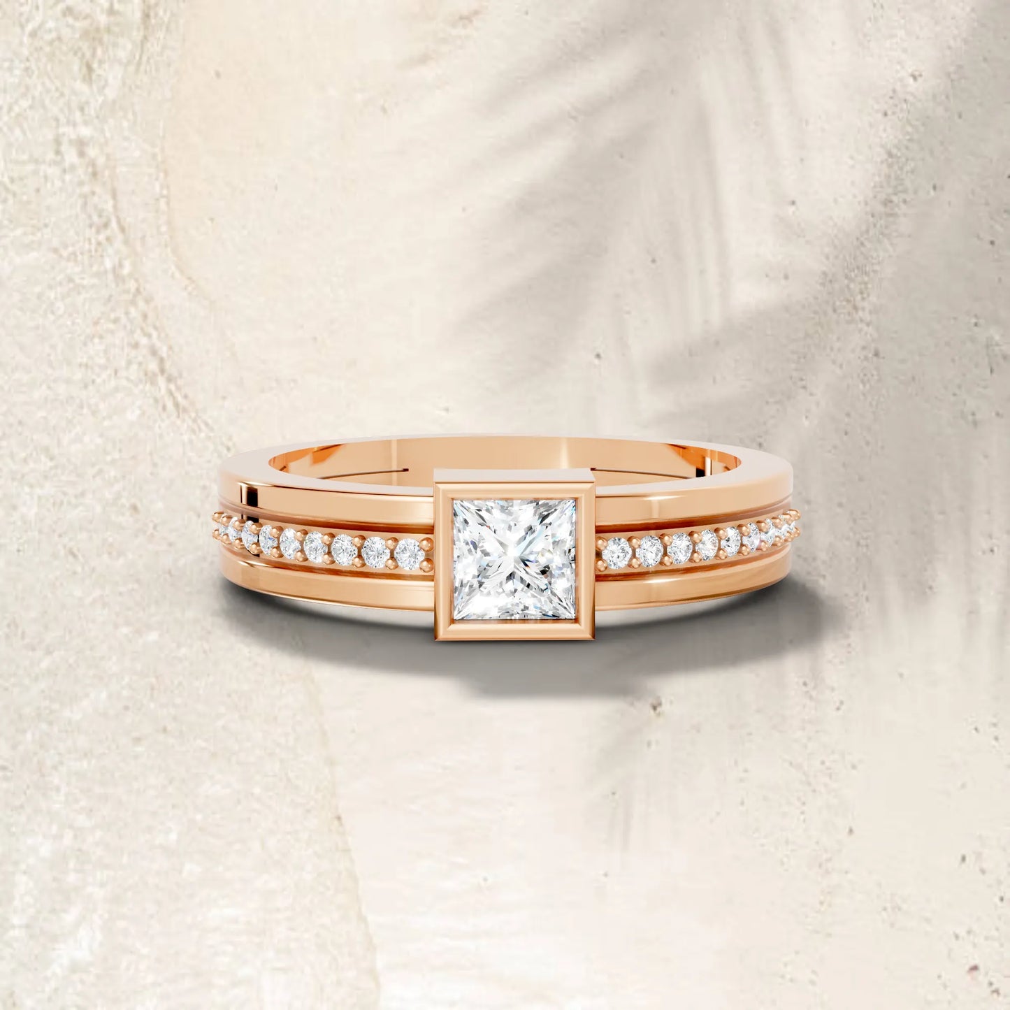 14K Gold Princess Cut Diamond Double Band Bezel Engagement Ring with Accents