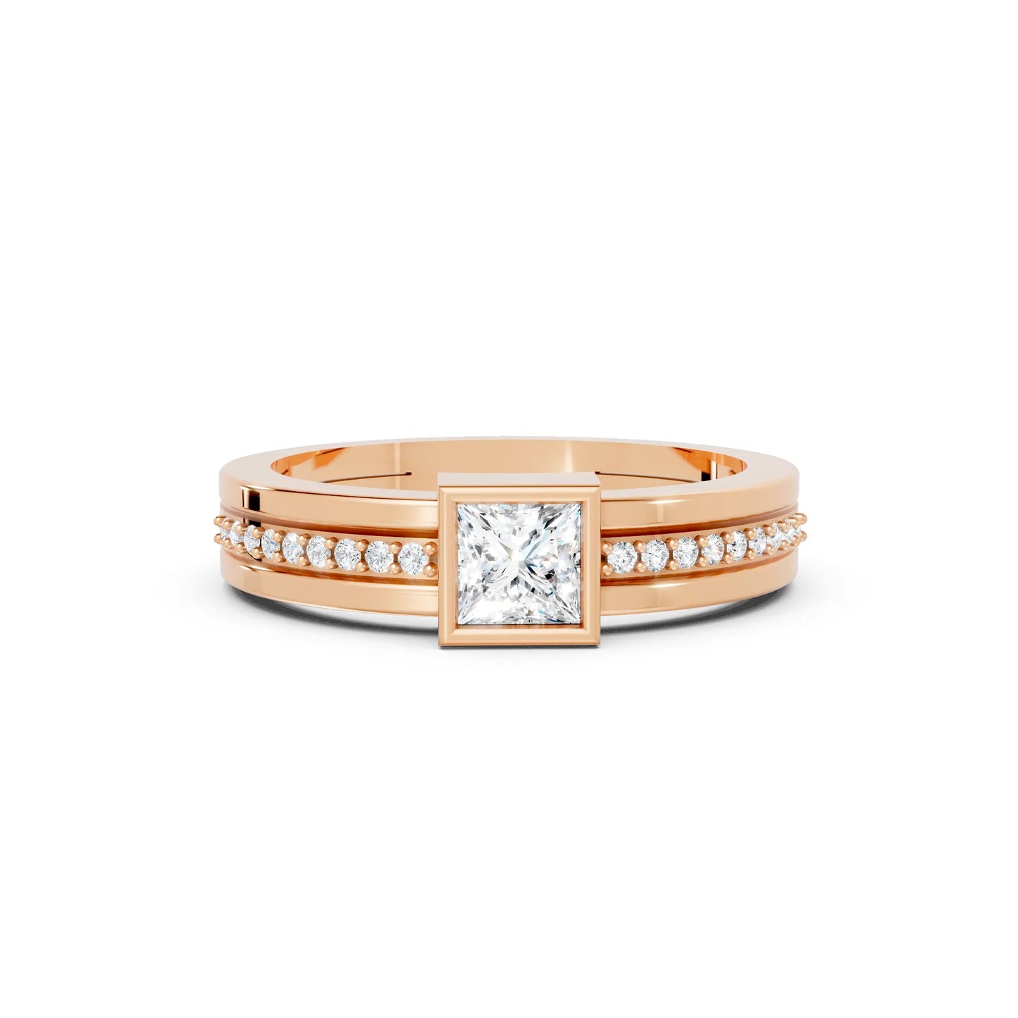 14K Gold Princess Cut Diamond Double Band Bezel Engagement Ring with Accents