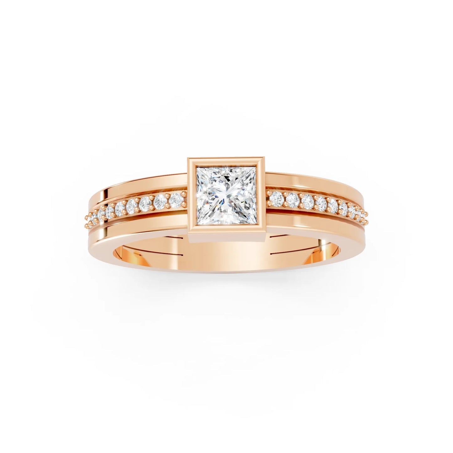 14K Gold Princess Cut Diamond Double Band Bezel Engagement Ring with Accents