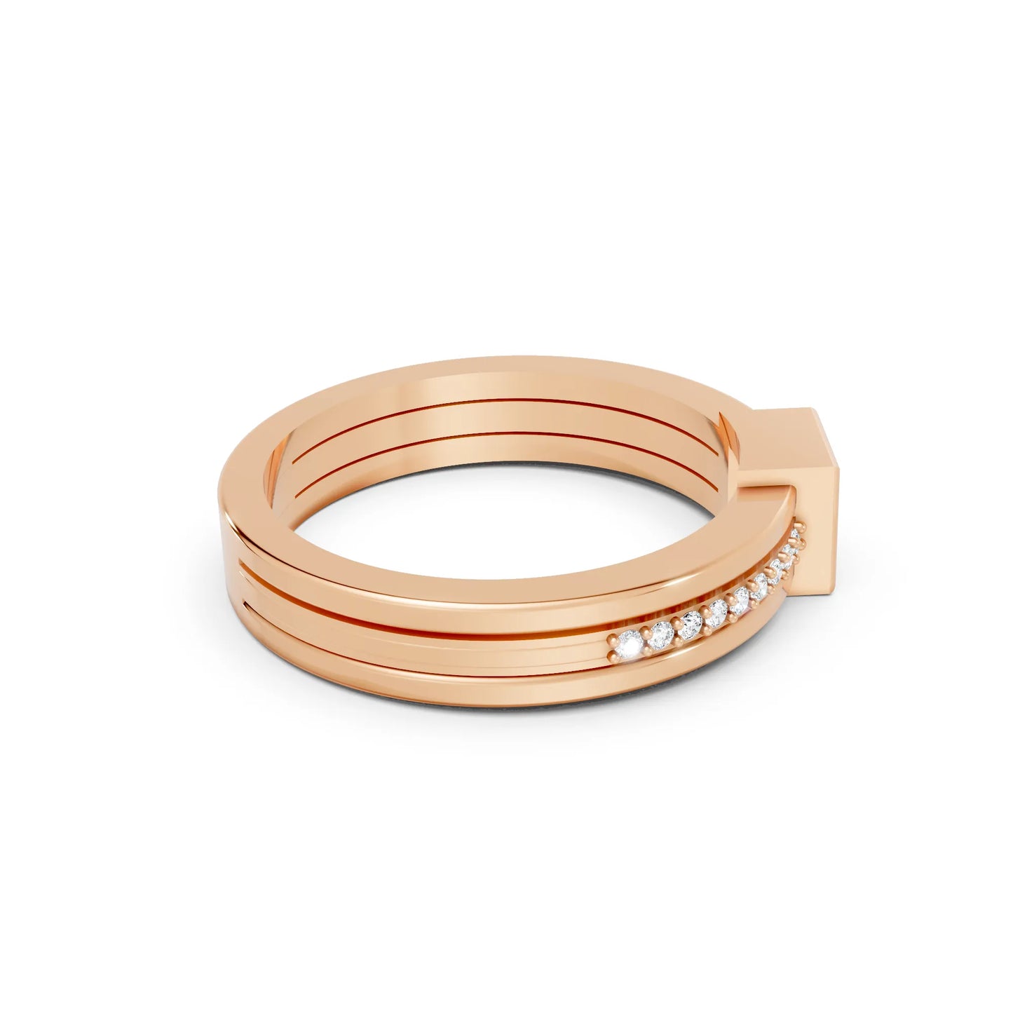 14K Gold Princess Cut Diamond Double Band Bezel Engagement Ring with Accents