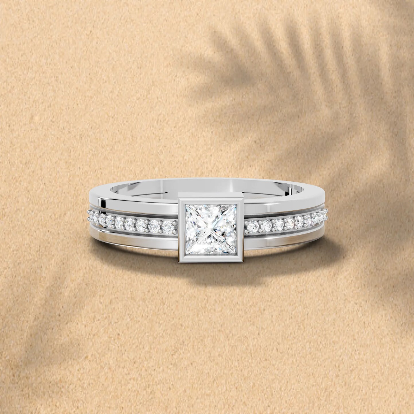 14K Gold Princess Cut Diamond Double Band Bezel Engagement Ring with Accents
