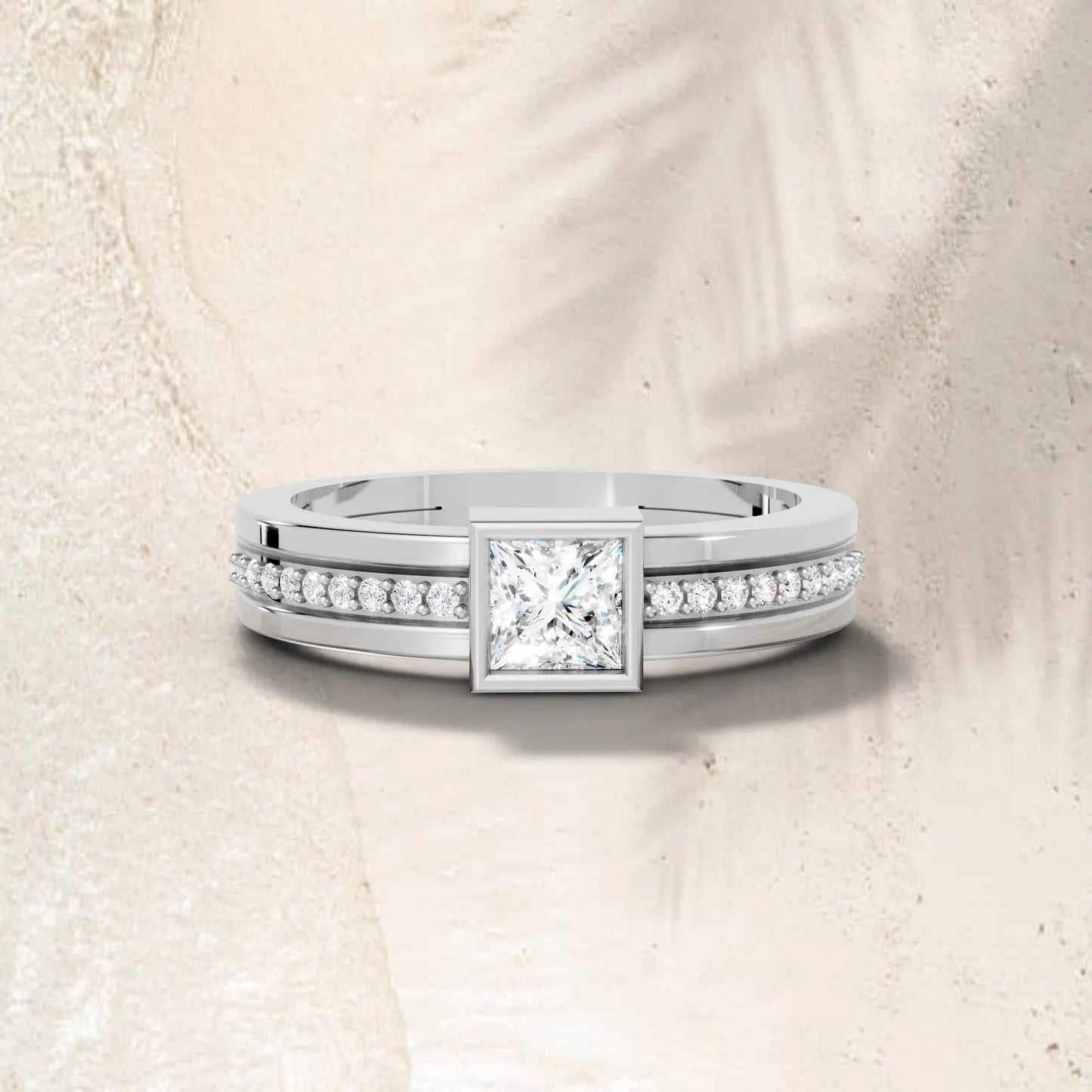 14K Gold Princess Cut Diamond Double Band Bezel Engagement Ring with Accents