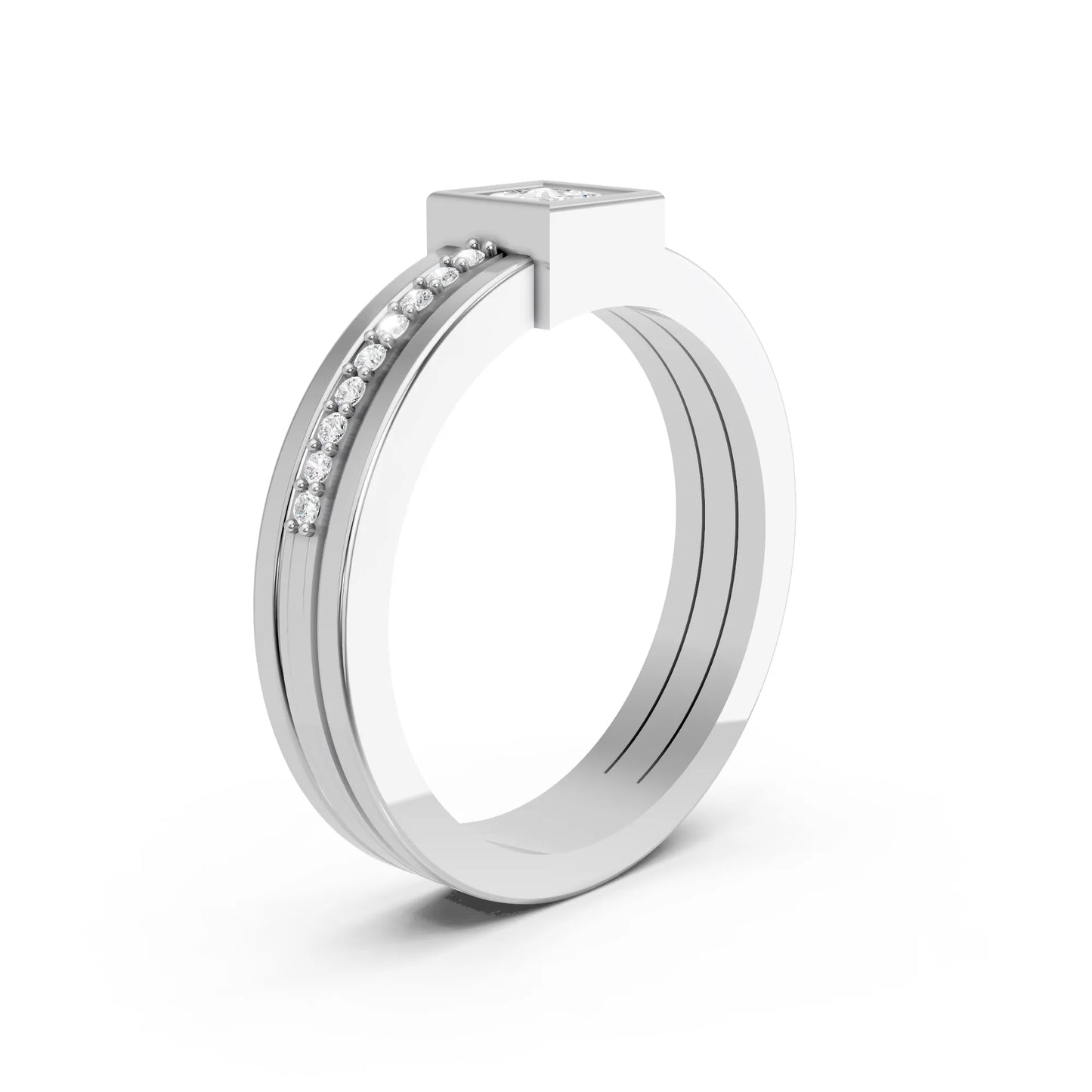 14K Gold Princess Cut Diamond Double Band Bezel Engagement Ring with Accents