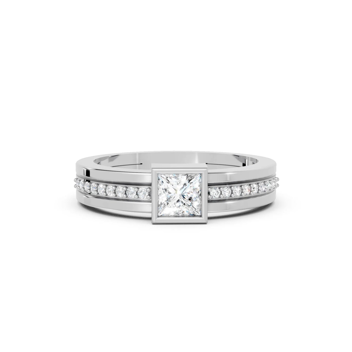 14K Gold Princess Cut Diamond Double Band Bezel Engagement Ring with Accents