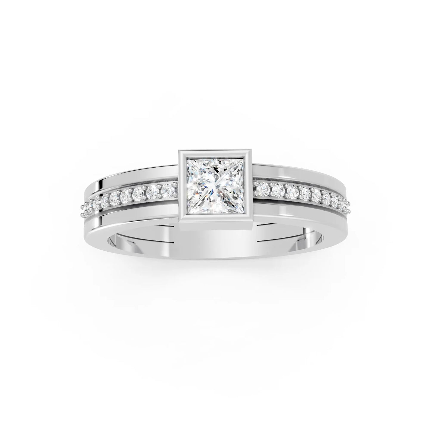 14K Gold Princess Cut Diamond Double Band Bezel Engagement Ring with Accents