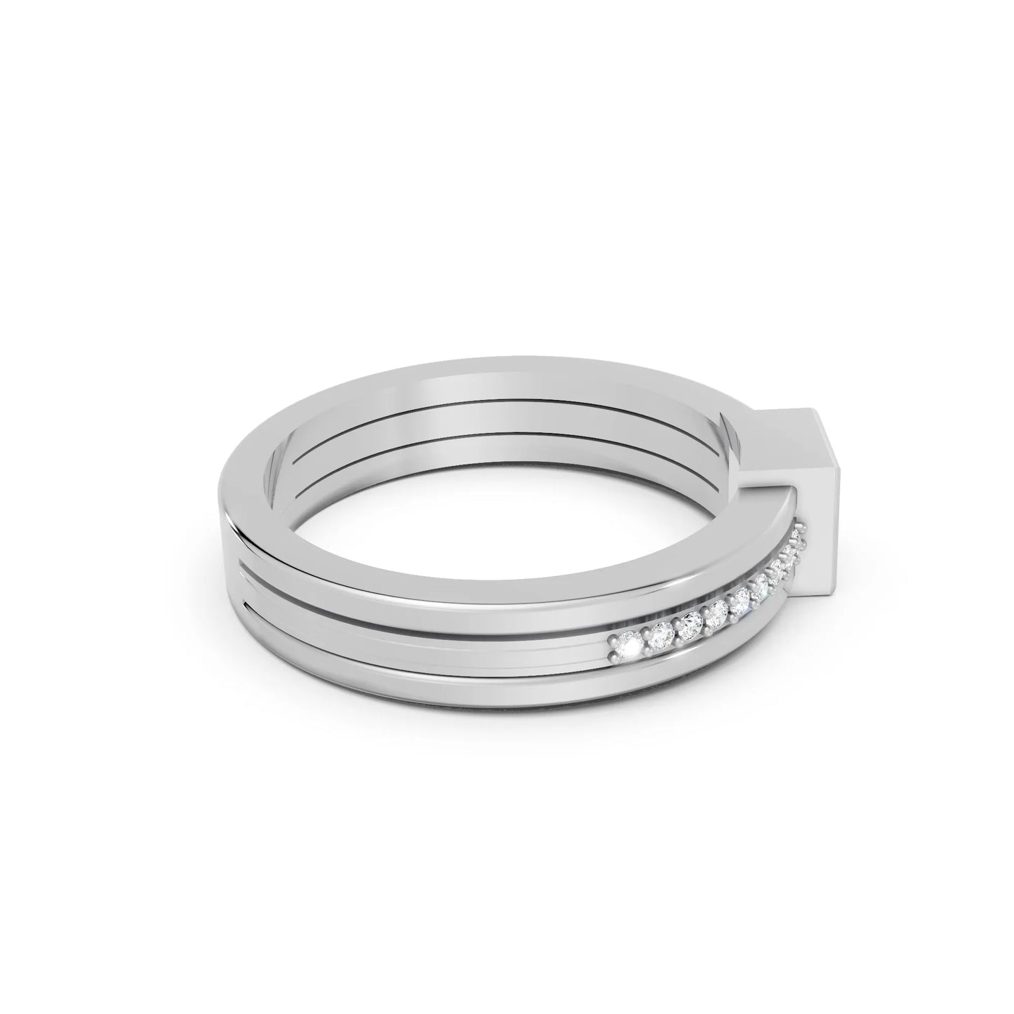 14K Gold Princess Cut Diamond Double Band Bezel Engagement Ring with Accents