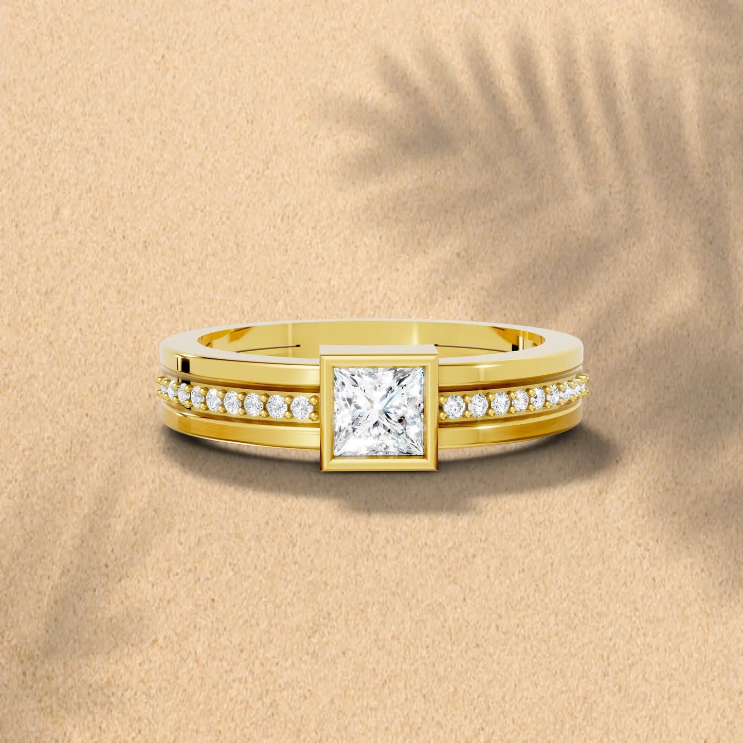 14K Gold Princess Cut Diamond Double Band Bezel Engagement Ring with Accents