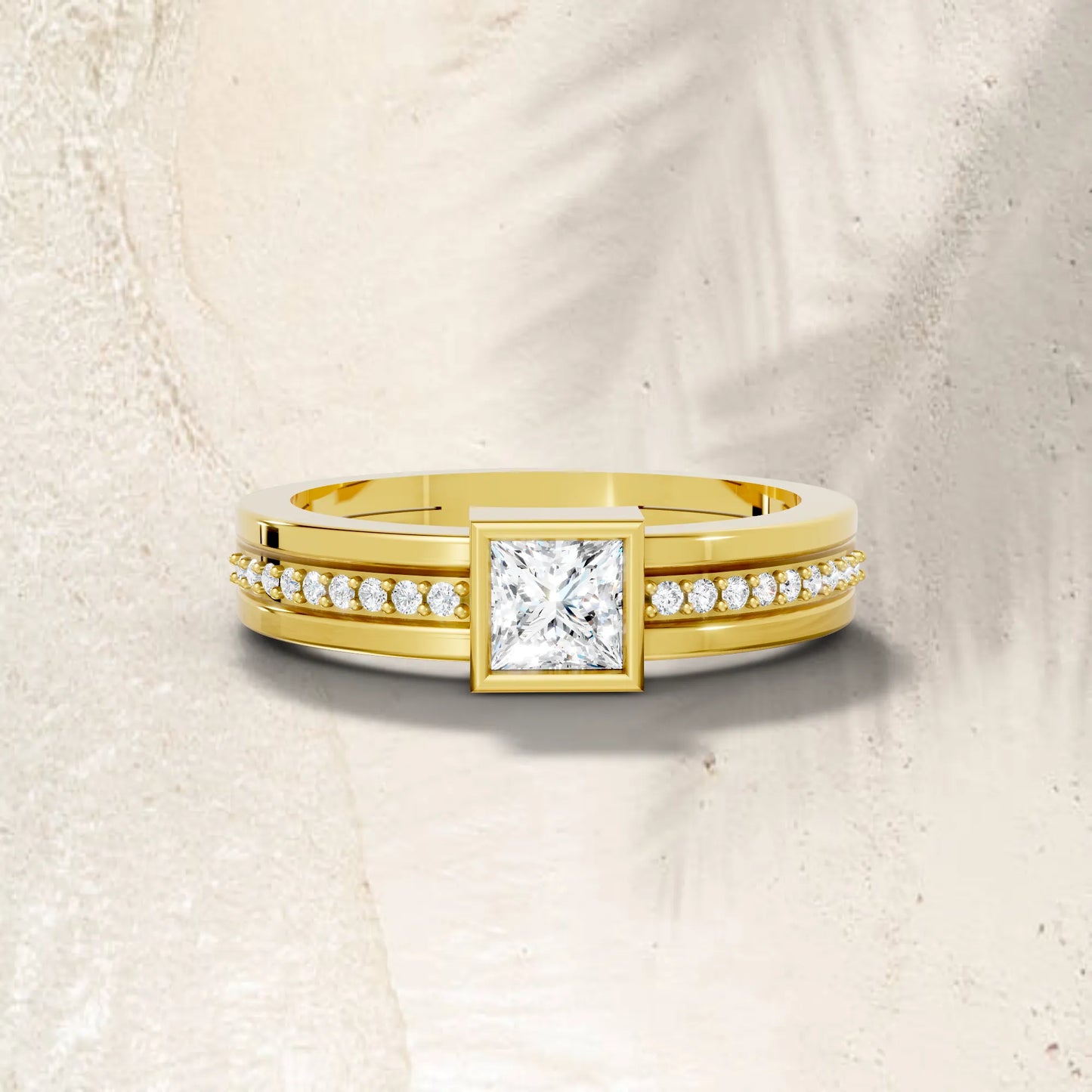 14K Gold Princess Cut Diamond Double Band Bezel Engagement Ring with Accents