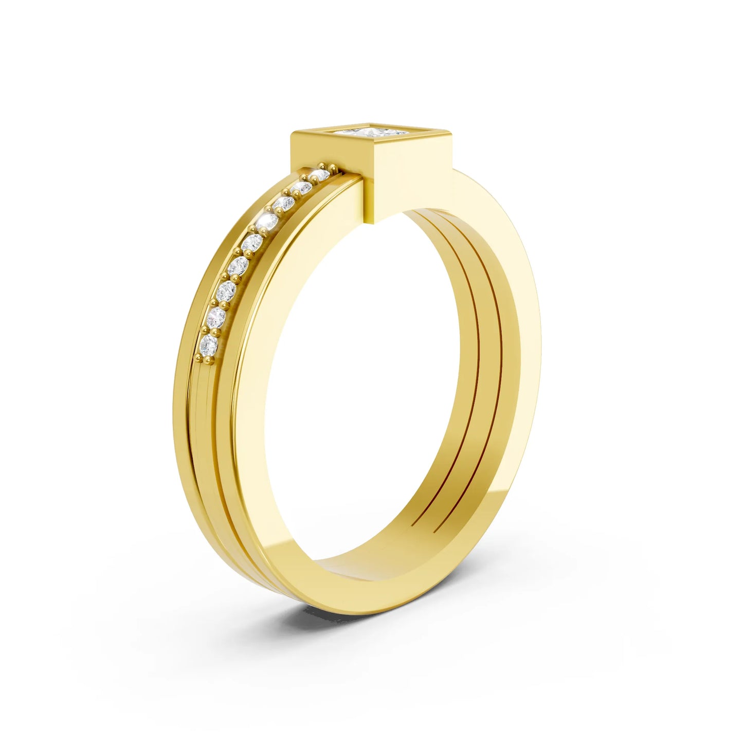 14K Gold Princess Cut Diamond Double Band Bezel Engagement Ring with Accents