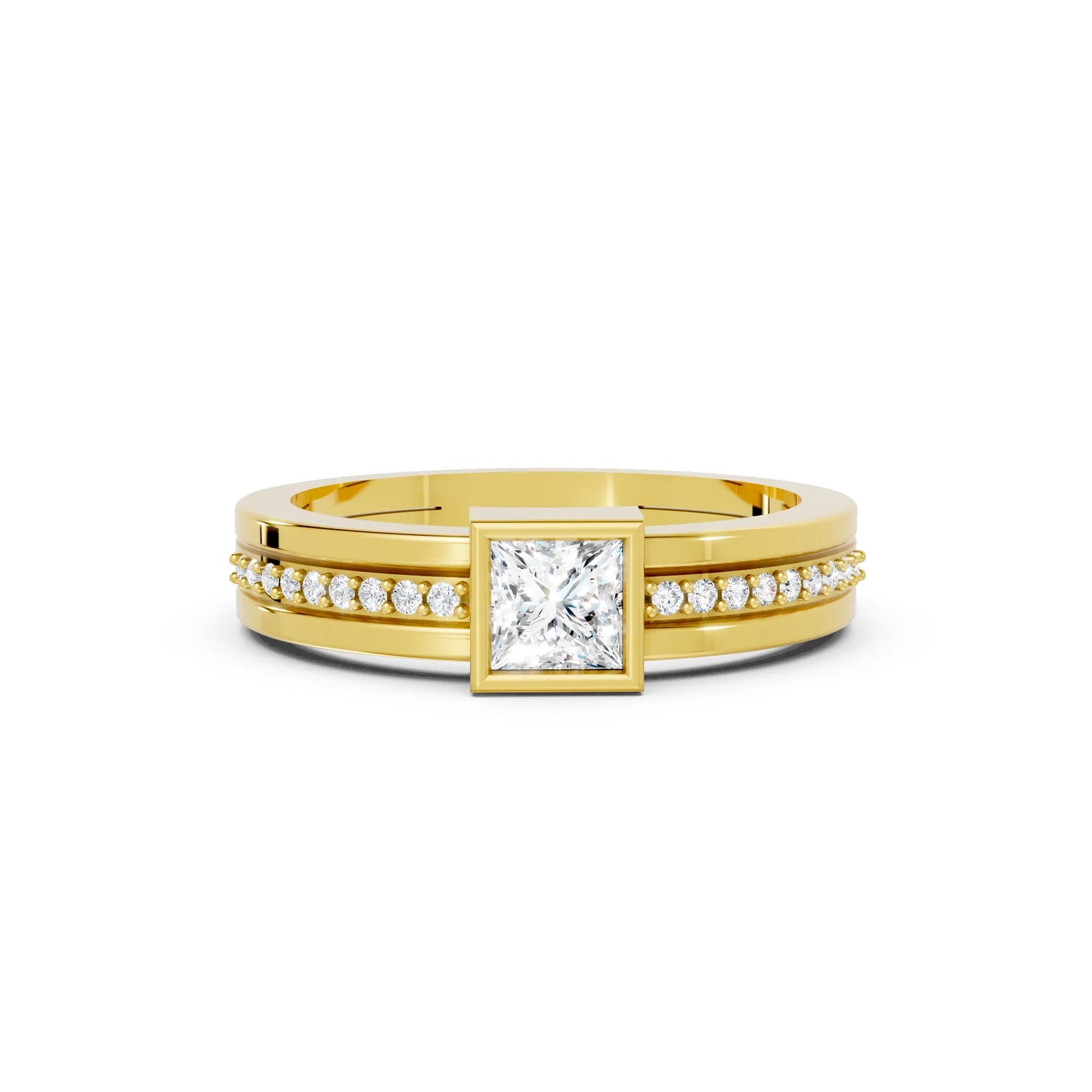 14K Gold Princess Cut Diamond Double Band Bezel Engagement Ring with Accents