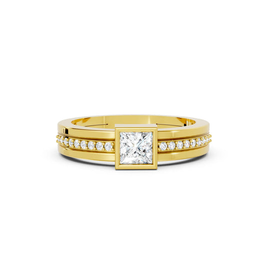 14K Gold Princess Cut Diamond Double Band Bezel Engagement Ring with Accents