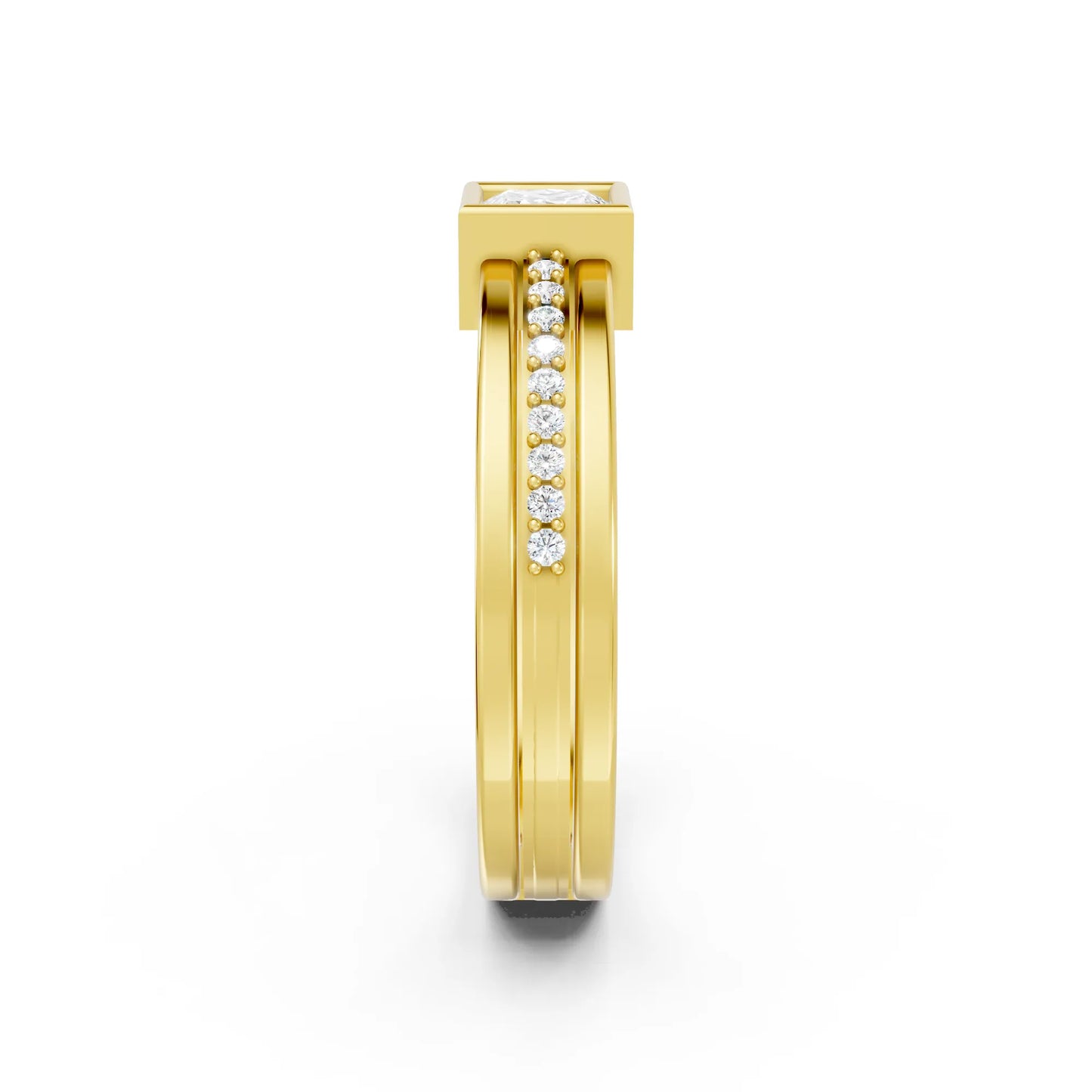 14K Gold Princess Cut Diamond Double Band Bezel Engagement Ring with Accents