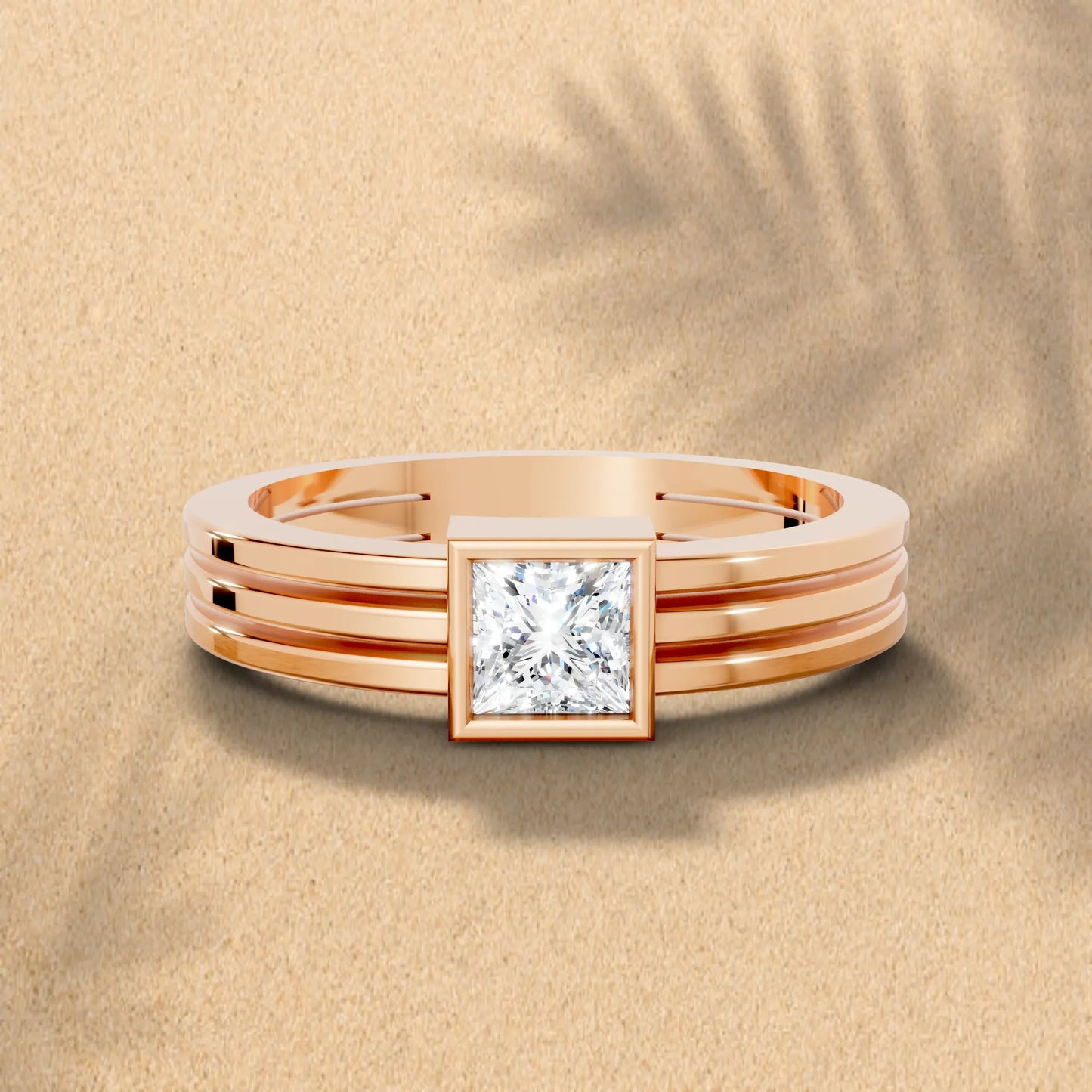 14K Gold Princess Cut Diamond Double Band Bezel Engagement Ring