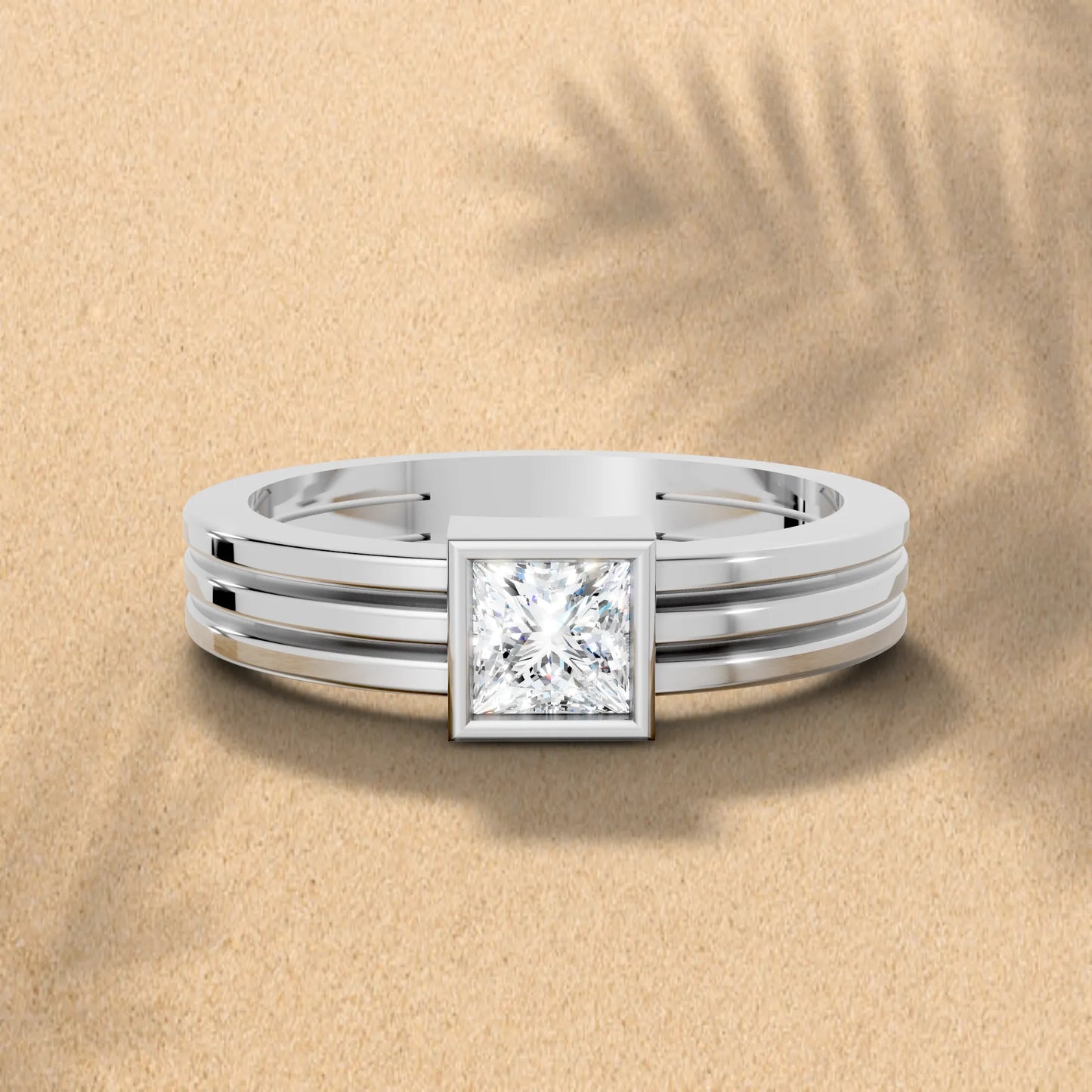 14K Gold Princess Cut Diamond Double Band Bezel Engagement Ring