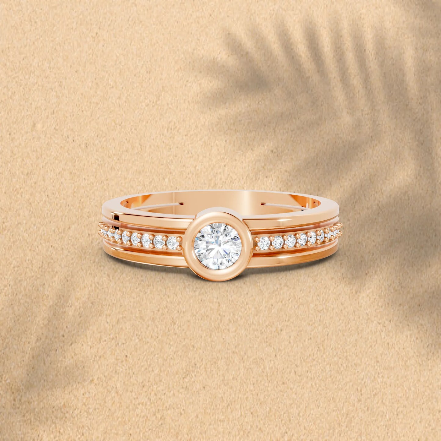 14K Gold Round Cut Diamond Double Band Bezel Engagement Ring with Accents