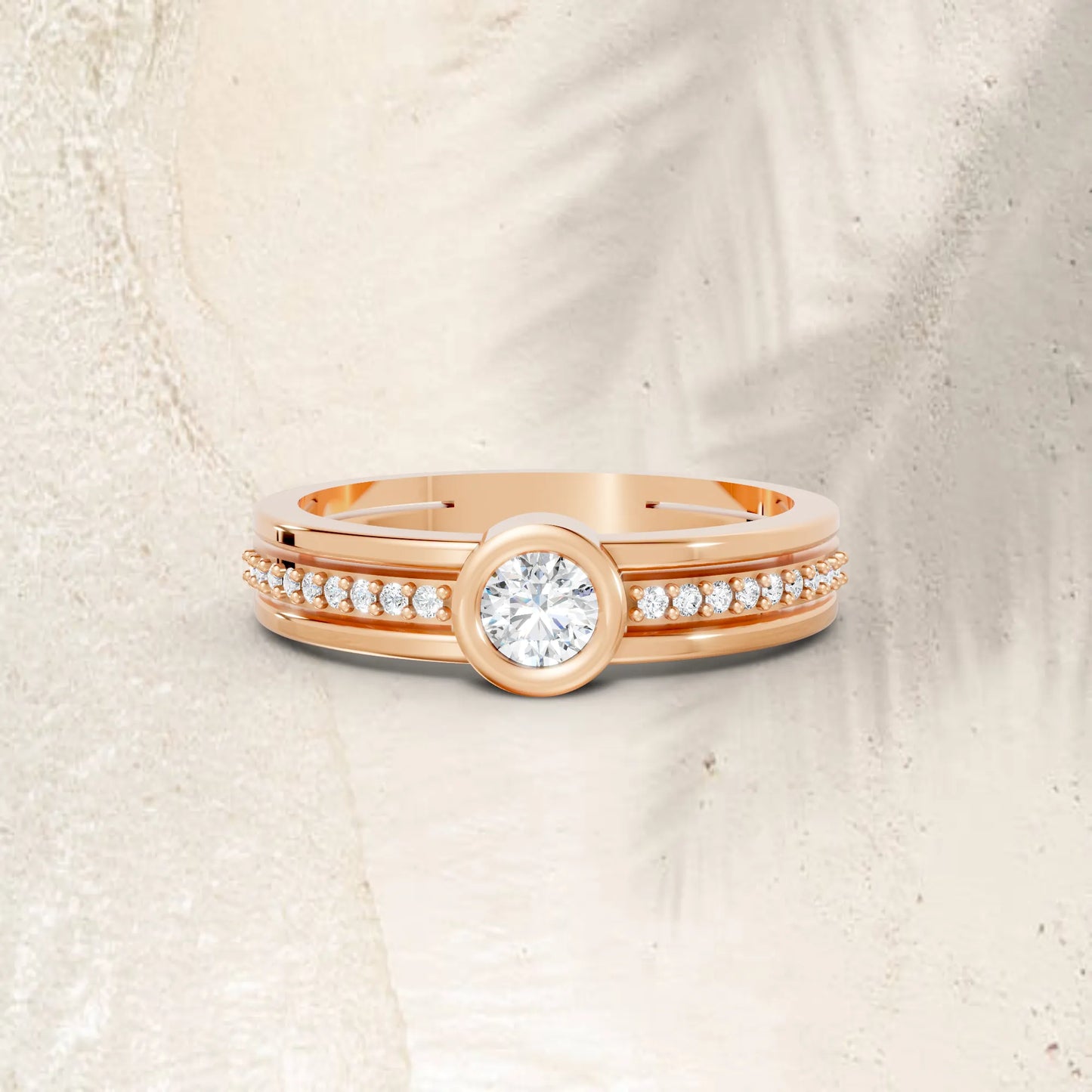 14K Gold Round Cut Diamond Double Band Bezel Engagement Ring with Accents