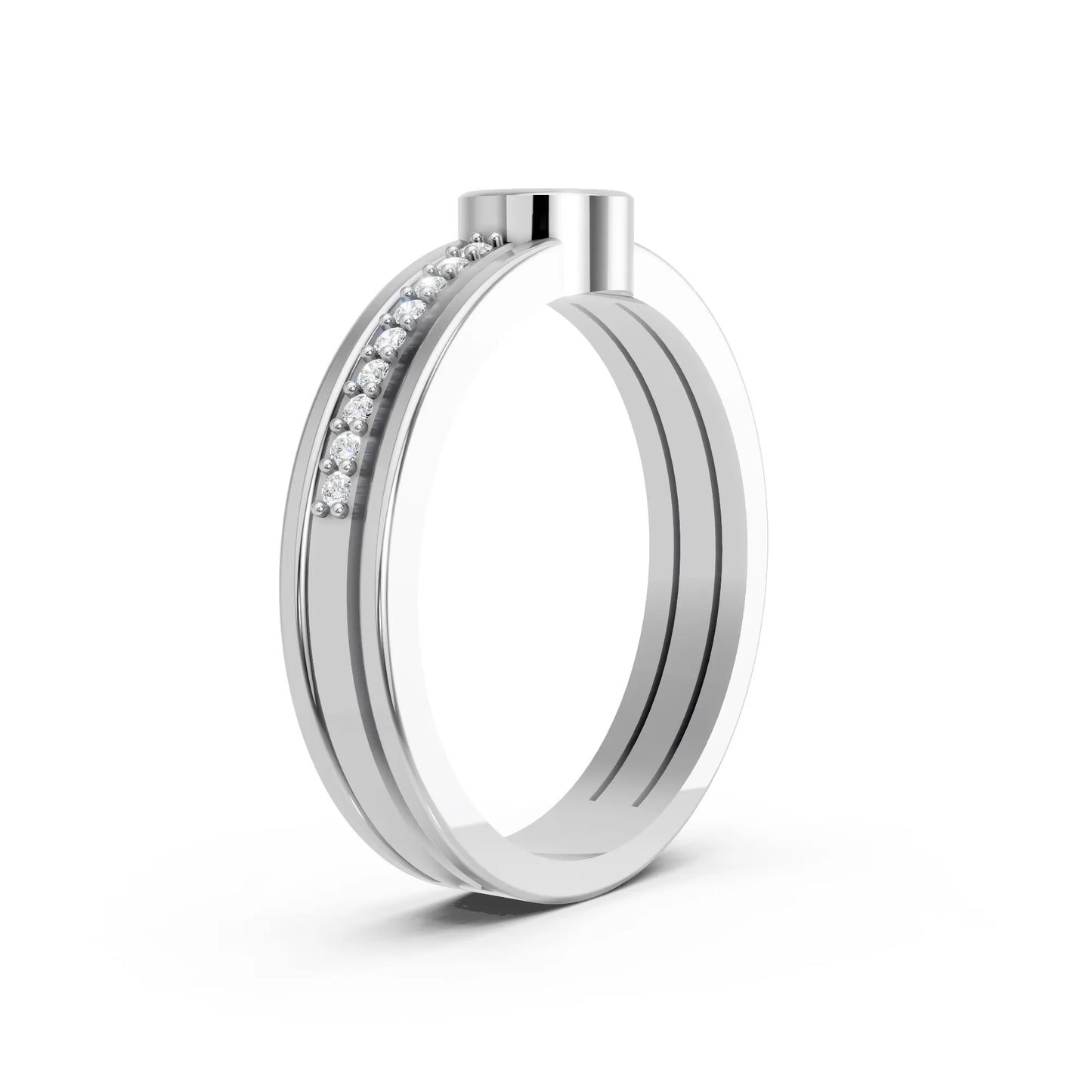 14K Gold Round Cut Diamond Double Band Bezel Engagement Ring with Accents