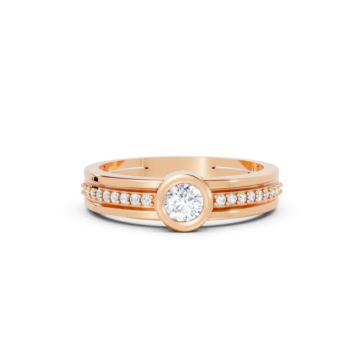 14K Gold Round Cut Diamond Double Band Bezel Engagement Ring with Accents