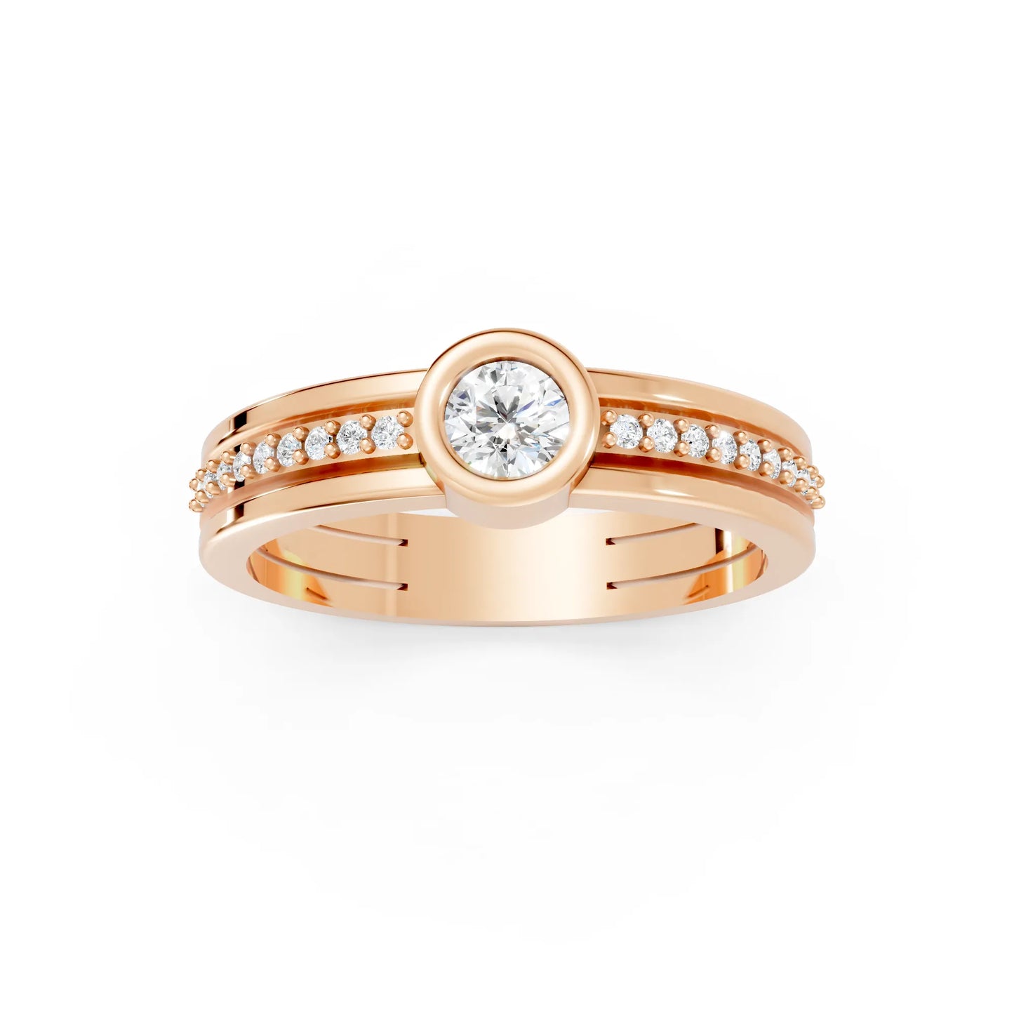 14K Gold Round Cut Diamond Double Band Bezel Engagement Ring with Accents