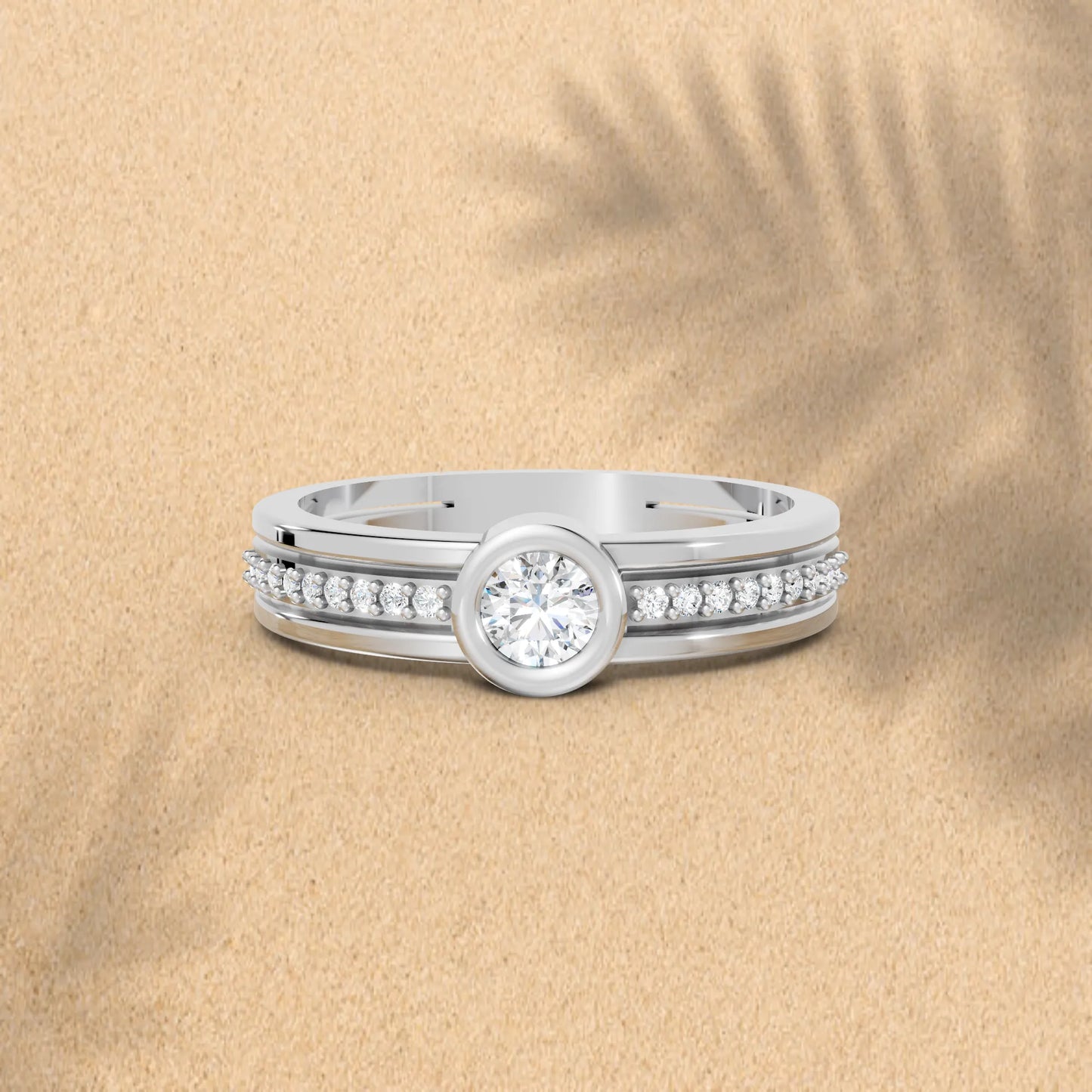 14K Gold Round Cut Diamond Double Band Bezel Engagement Ring with Accents