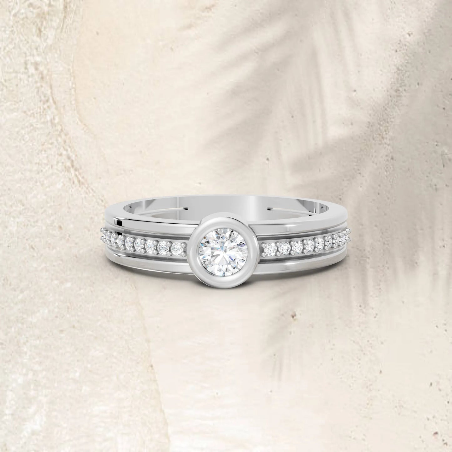 14K Gold Round Cut Diamond Double Band Bezel Engagement Ring with Accents